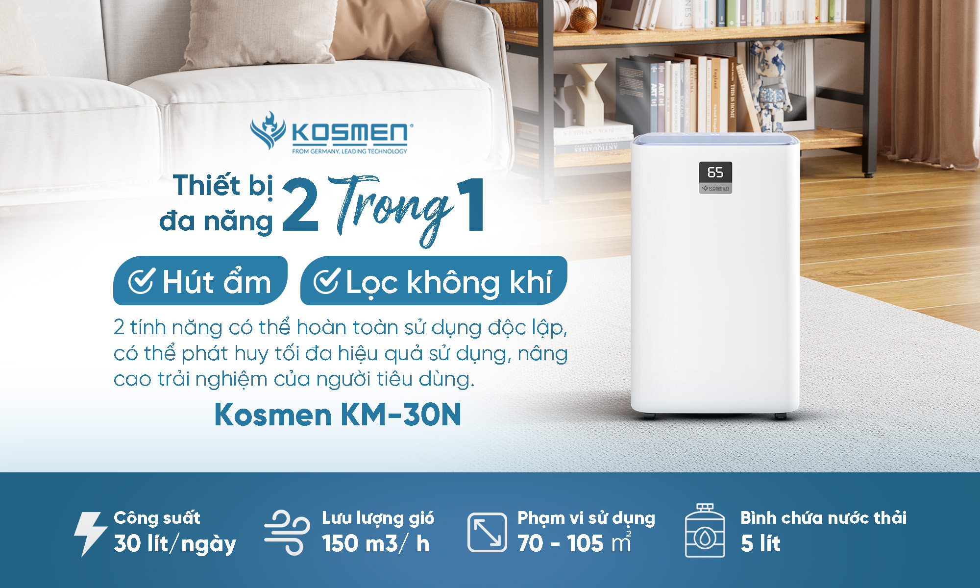 Máy lọc không khí và hút ẩm Kosmen KM-30N tích hợp 2in1 tính năng ưu việt