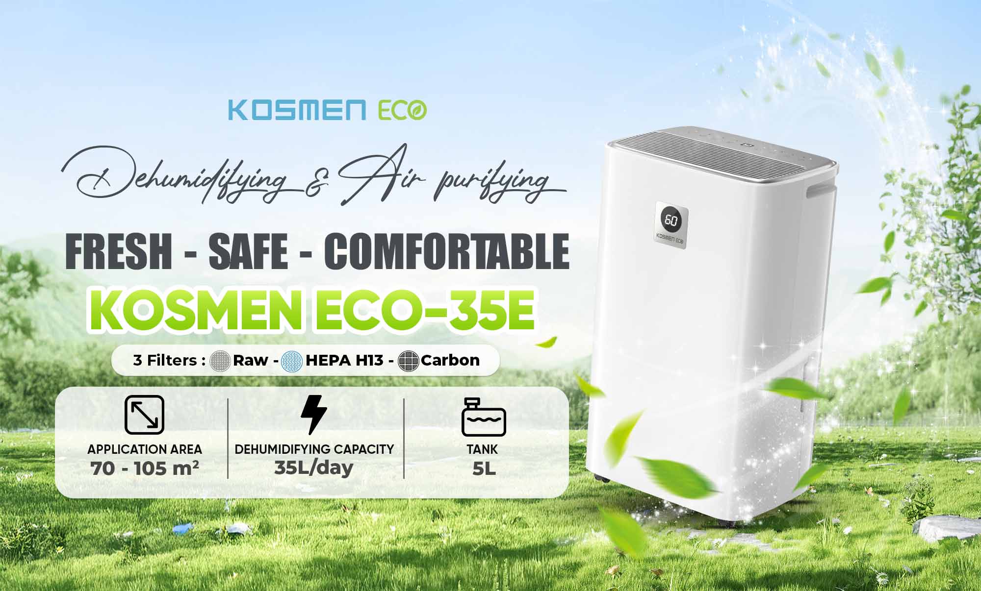 The Kosmen ECO-35E air purifier and dehumidifier features a 2-in-1 design that combines air purification and dehumidification, delivering a safe and comfortable living environment