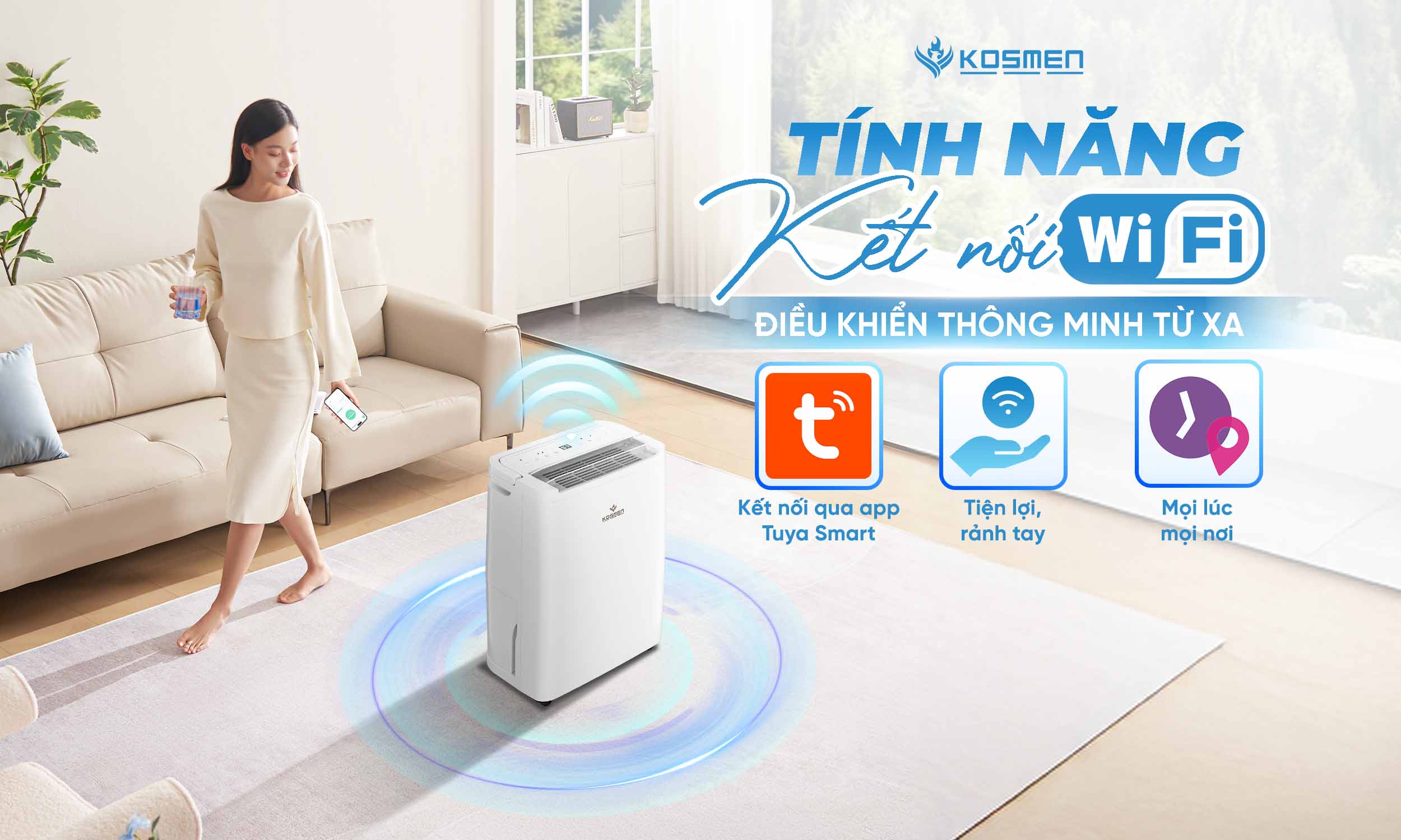 T&iacute;nh năng kết nối wifi điều khiển từ xa tạo thuận lợi trong qu&aacute; tr&igrave;nh sử dụng m&aacute;y h&uacute;t ẩm