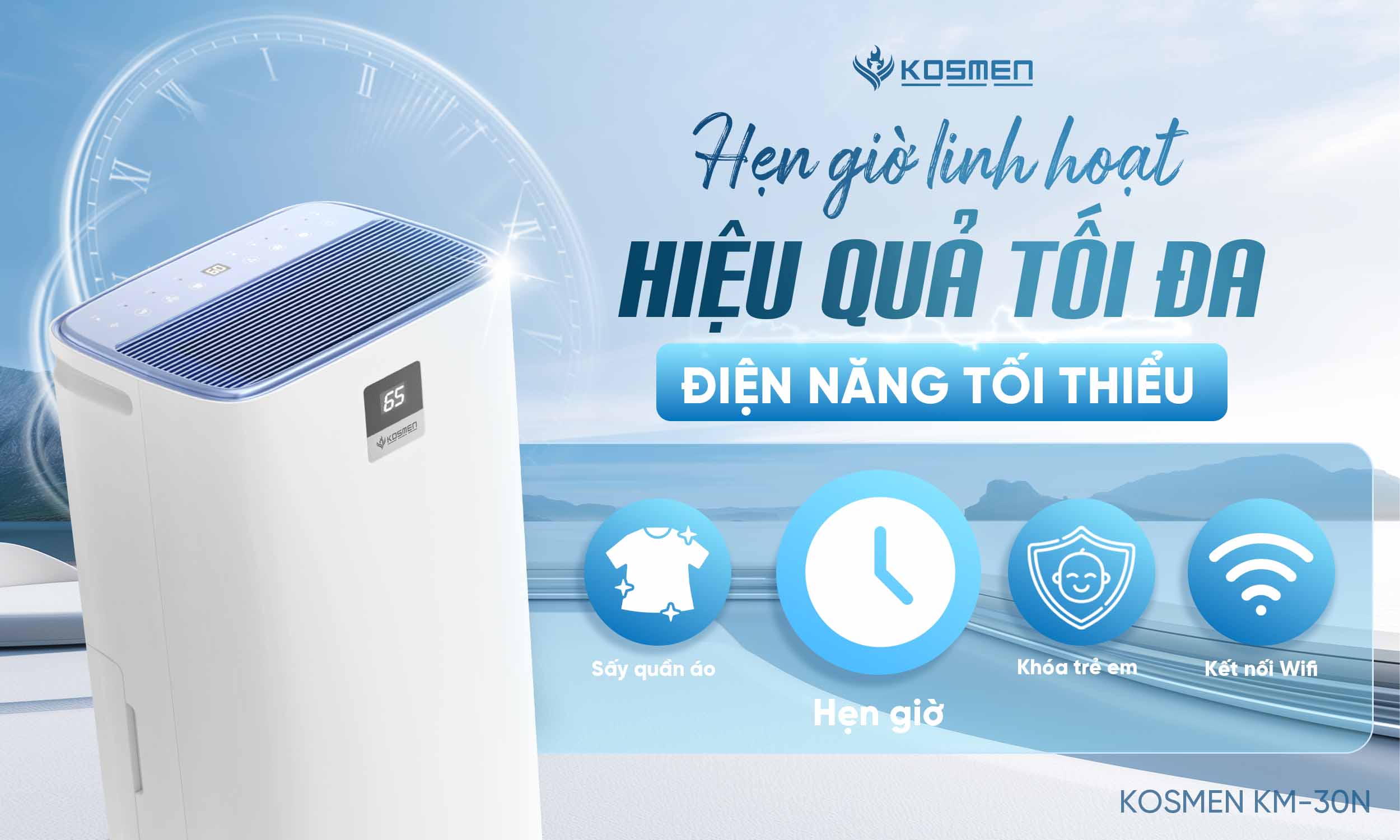 M&aacute;y h&uacute;t ẩm d&acirc;n dụng Kosmen với t&iacute;nh năng hẹn giờ tiện lợi, tiết kiệm điện năng khi sử dụng