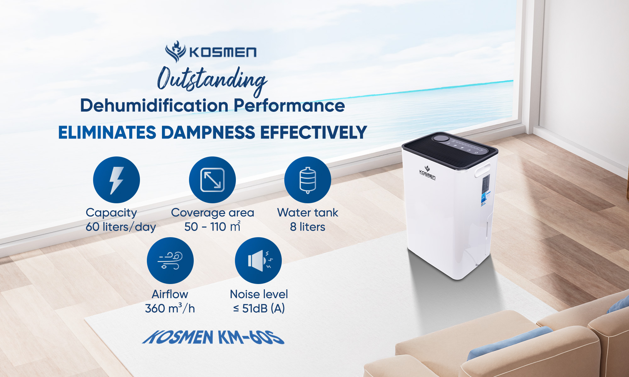 The Kosmen KM-60S offers superior dehumidification performance, eliminating excess moisture instantly