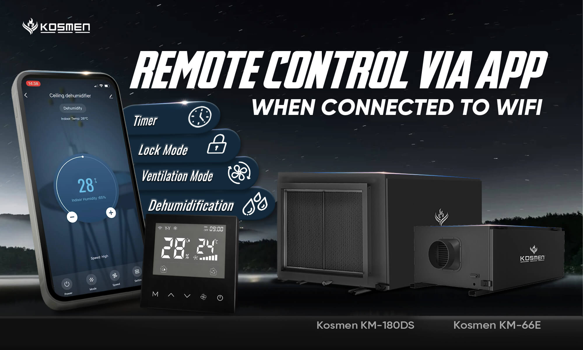 Easily control the Kosmen ceiling-mounted dehumidifier remotely thanks to its wifi connectivity feature