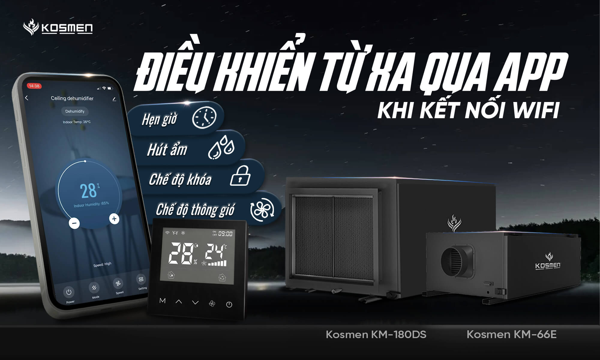 Dễ dàng điều khiển máy hút ẩm âm trần Kosmen từ xa nhờ tính năng kết nối wif
