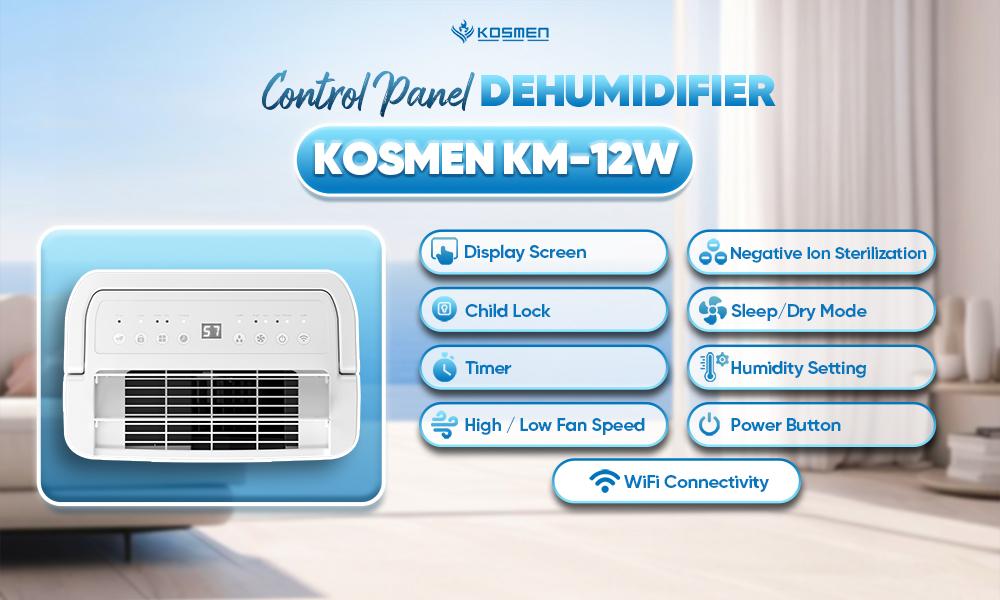 The control panel of the Kosmen KM-12W dehumidifier is clear and easy to use.