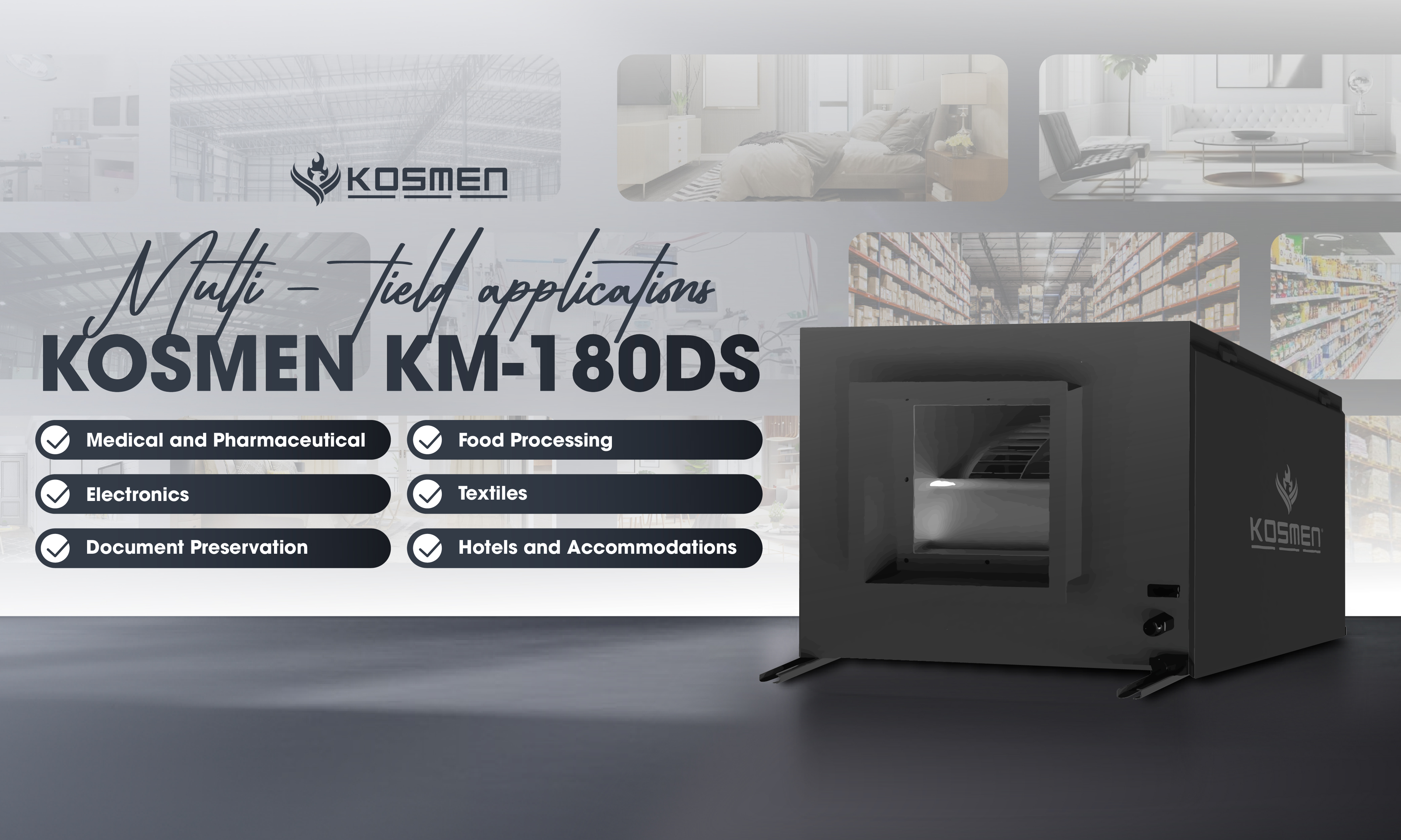 Kosmen KM-180DS ceiling-mounted dehumidifier applicable in multiple fields