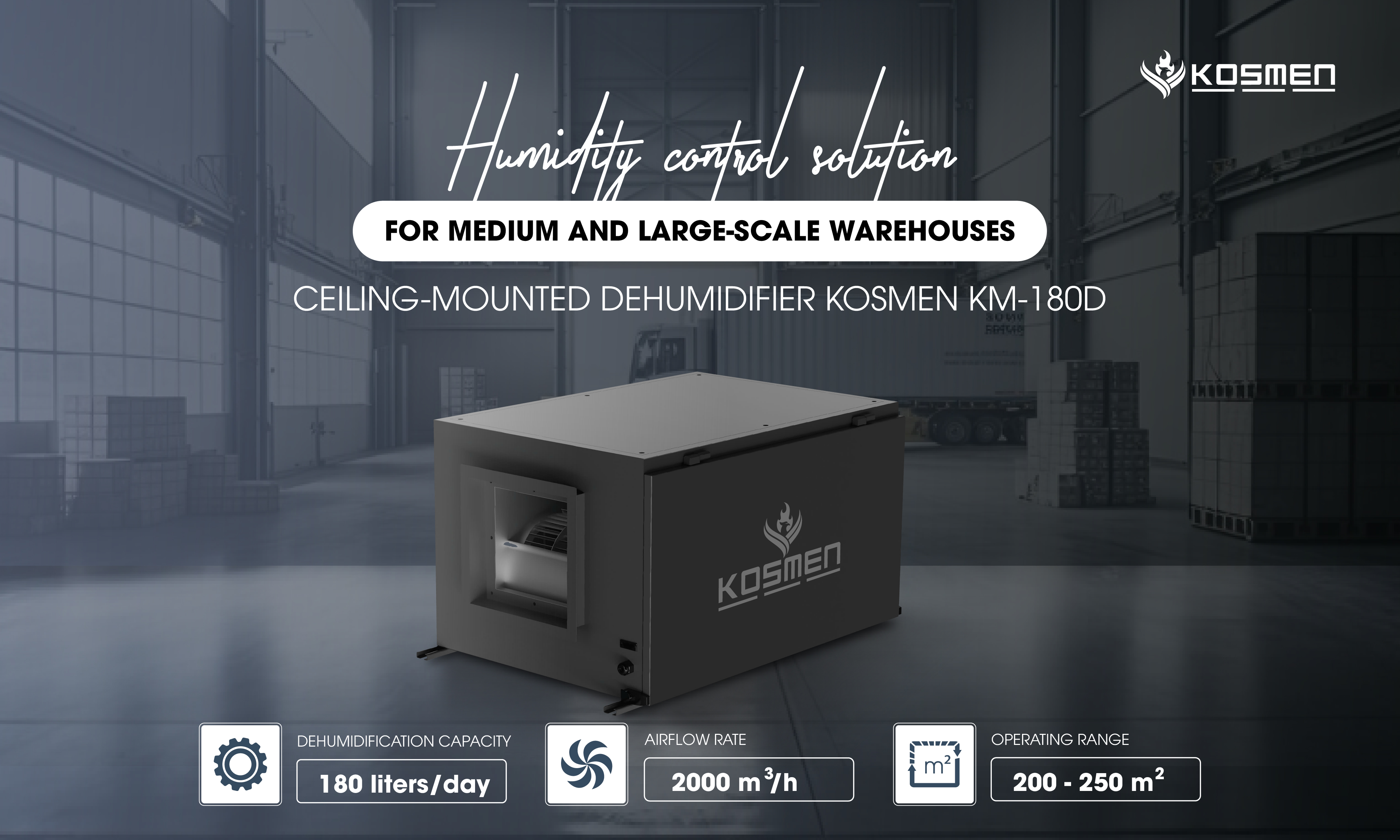 Technical specifications of the Kosmen KM-180DS ceiling-mounted dehumidifier