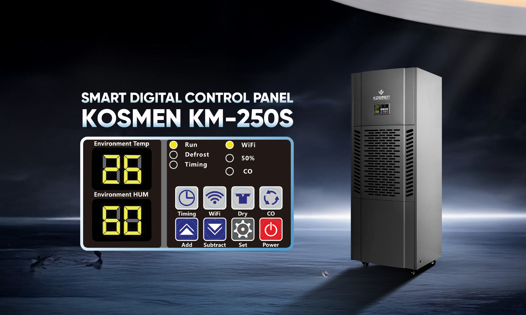  Kosmen KM-250S Industrial Dehumidifier with a smart, user-friendly control panel for easy operation.