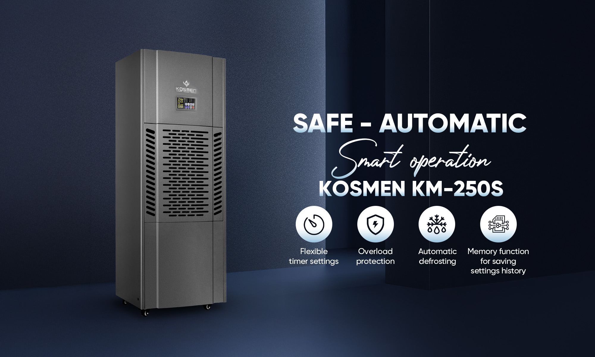 Kosmen KM-250S Dehumidifier operates safely, optimizing the usage process for maximum efficiency.