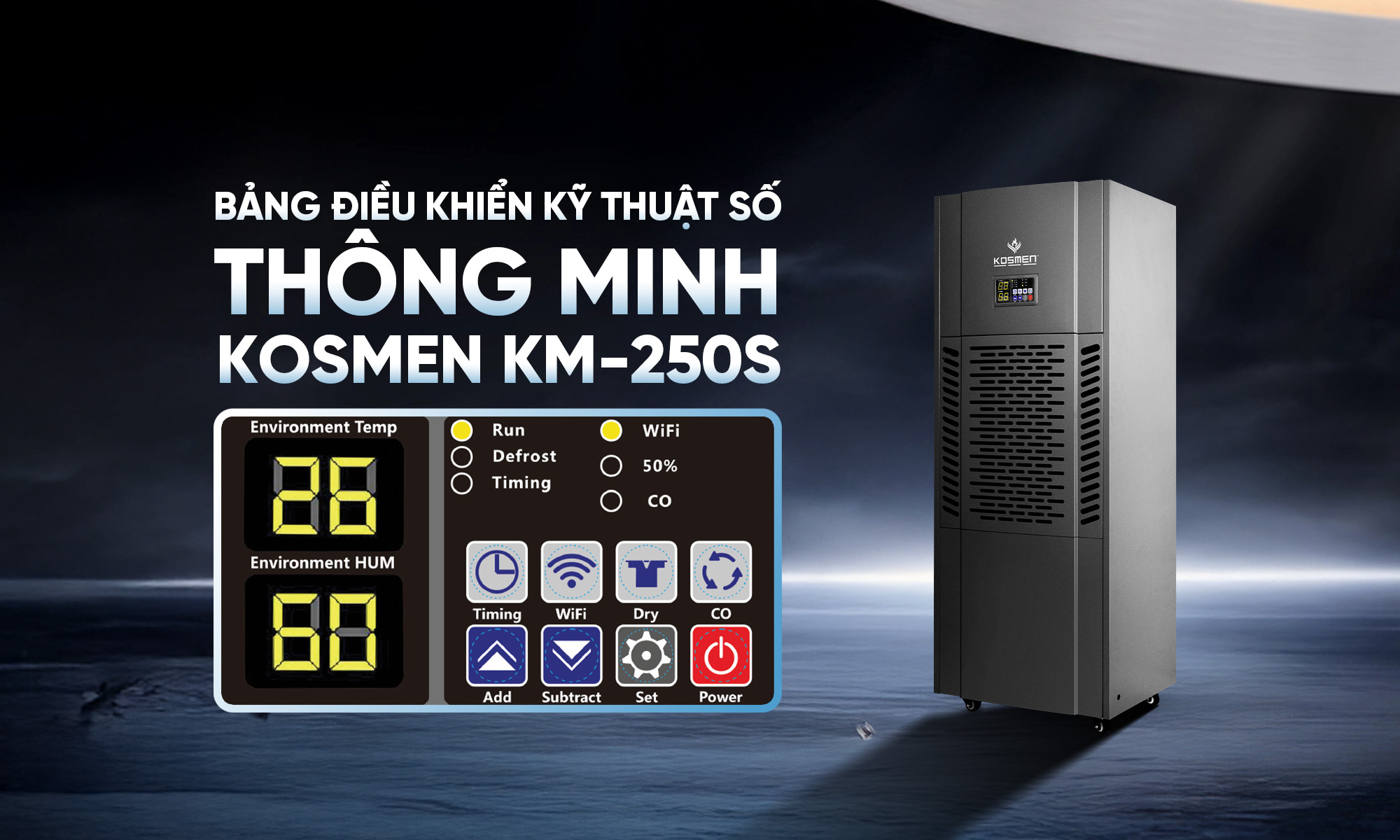 Bảng điều khiển thông minh, dễ thao tác máy hút ẩm công nghiệp Kosmen KM-250S