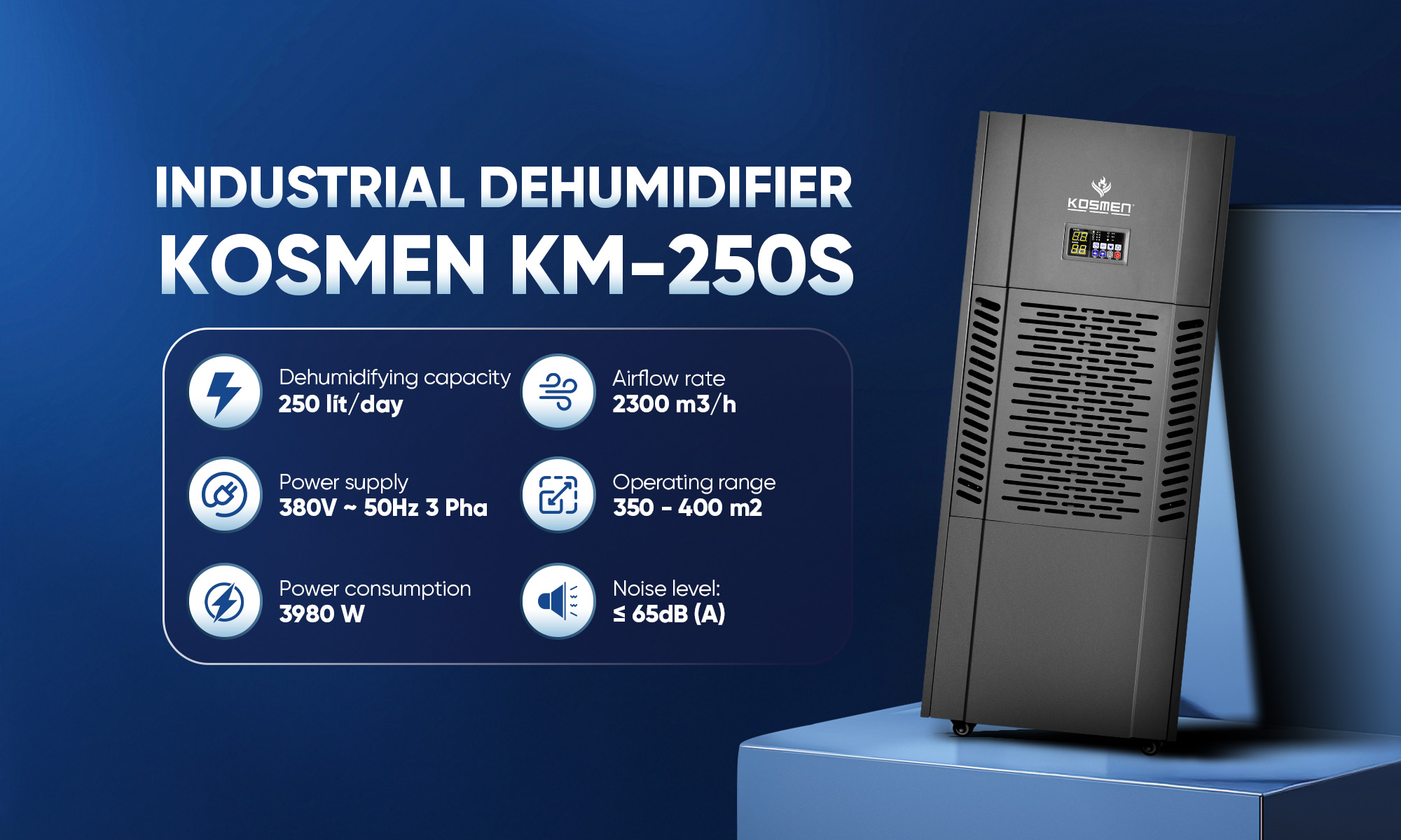 Kosmen KM-250S Industrial Dehumidifier with powerful dehumidification capacity, effectively controls humidity in warehouses, factories,etc