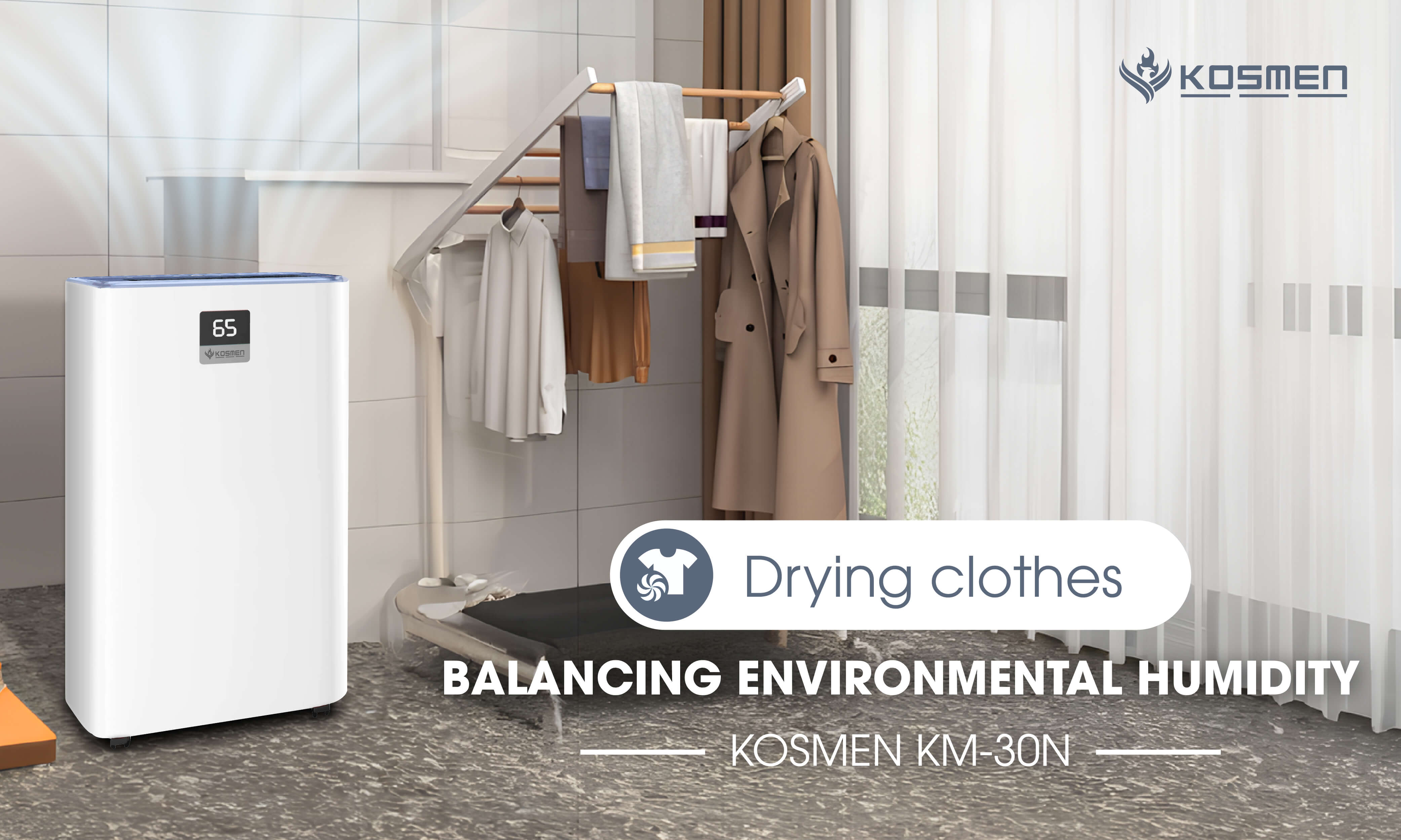 Kosmen KM-30N air purifying dehumidifier with convenient clothes drying feature