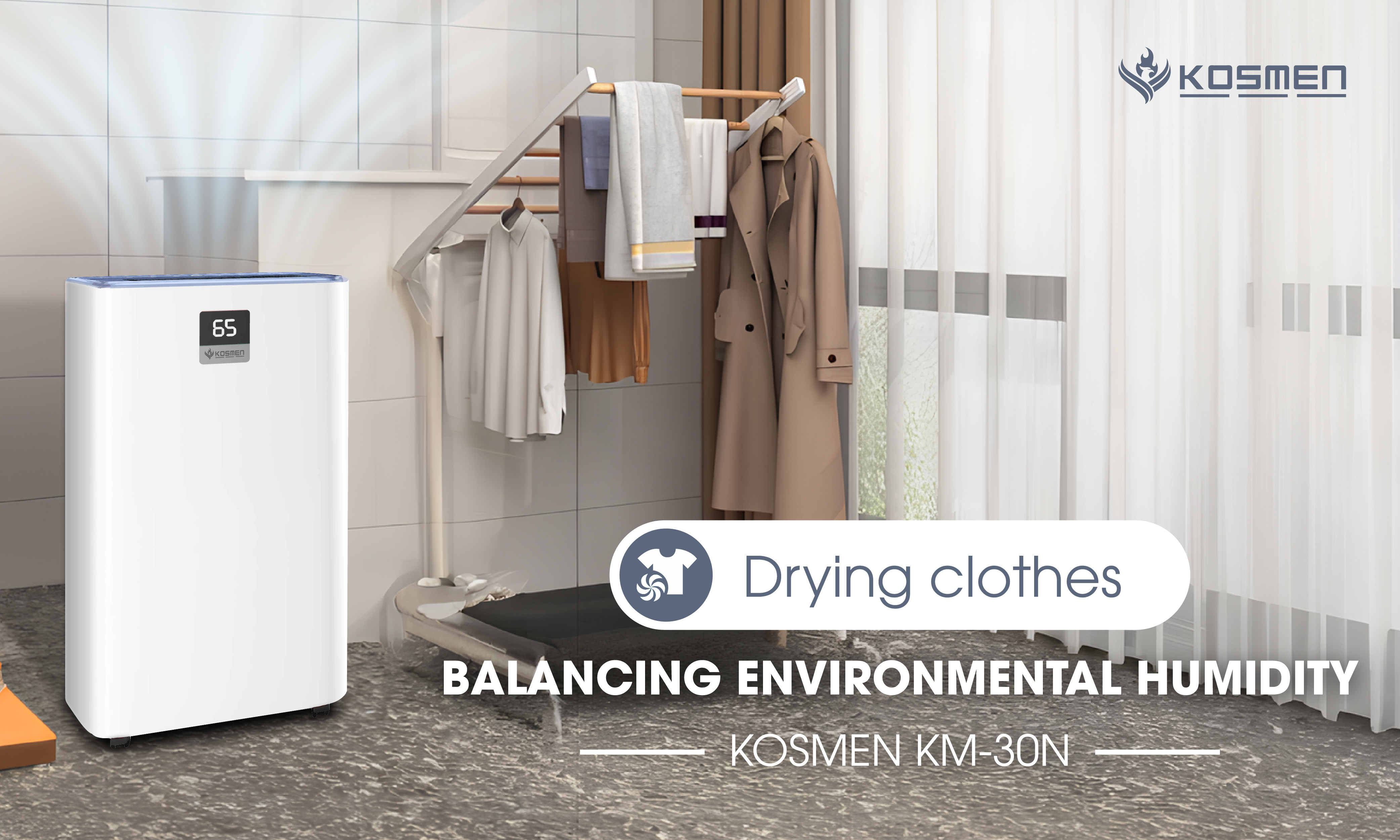 Kosmen KM-30N air purifying dehumidifier with convenient clothes drying feature