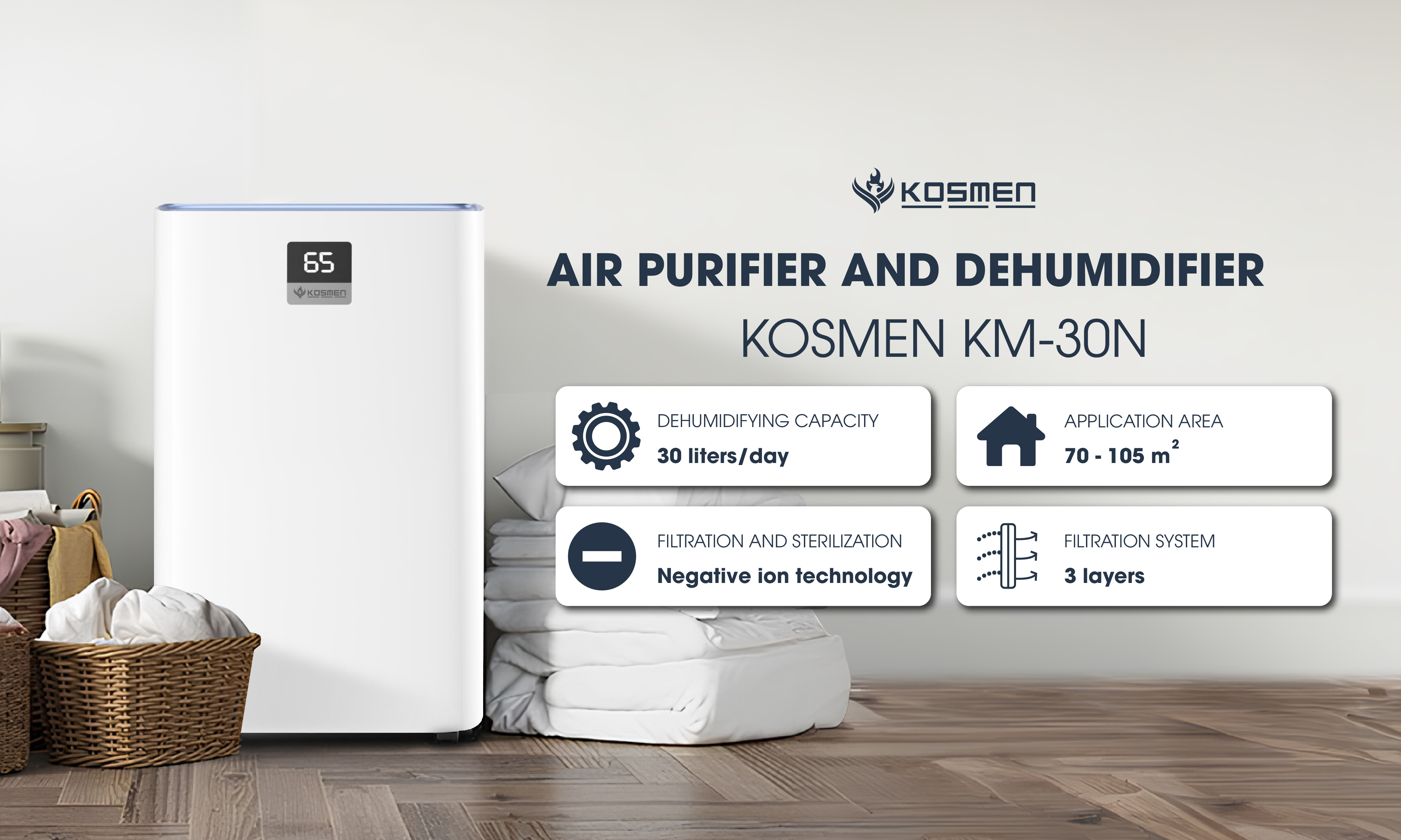 Technical specifications of Kosmen KM-30N air purifying dehumidifier