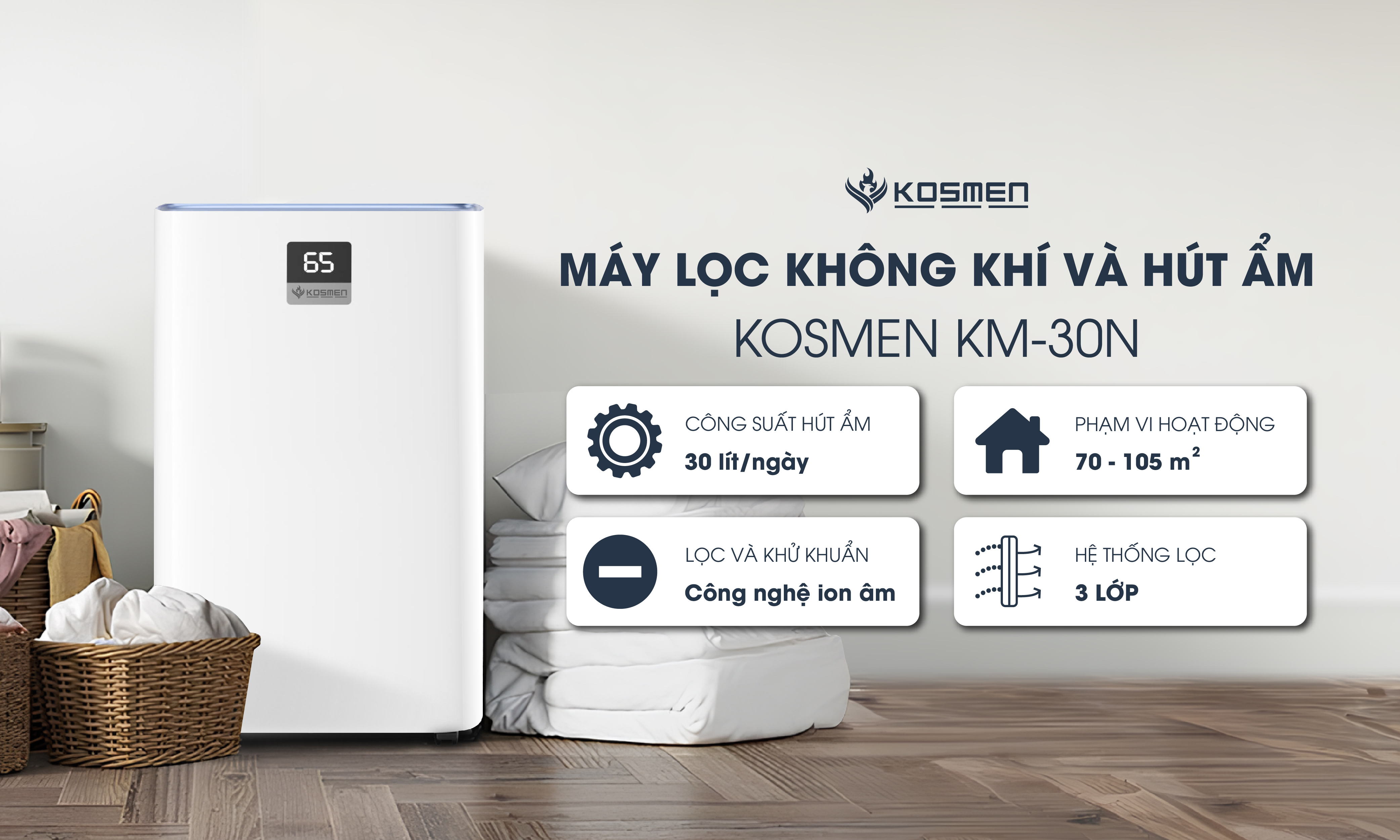 Thông số kỹ thuật máy hút ẩm lọc không khí Kosmen KM-30N