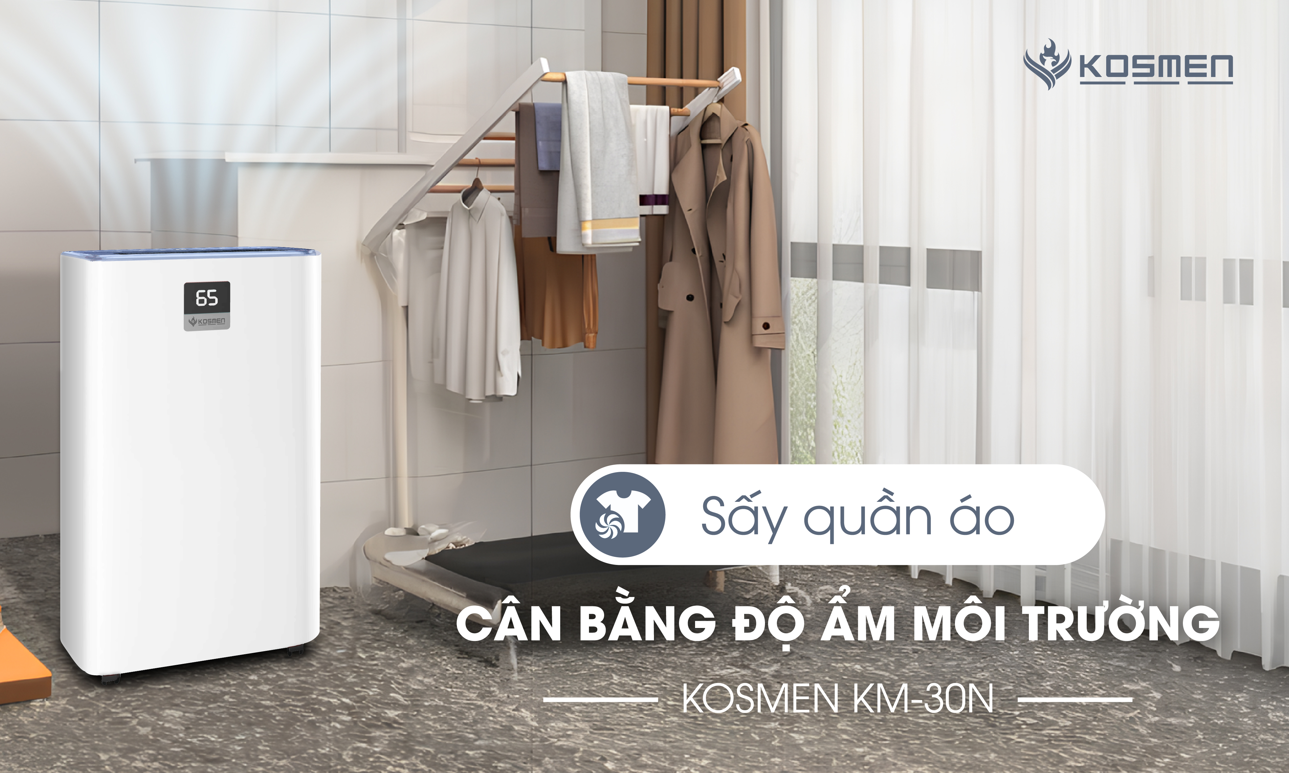 Máy hút ẩm lọc không khí Kosmen KM-30N có khả năng sấy quần áo tiện lợi