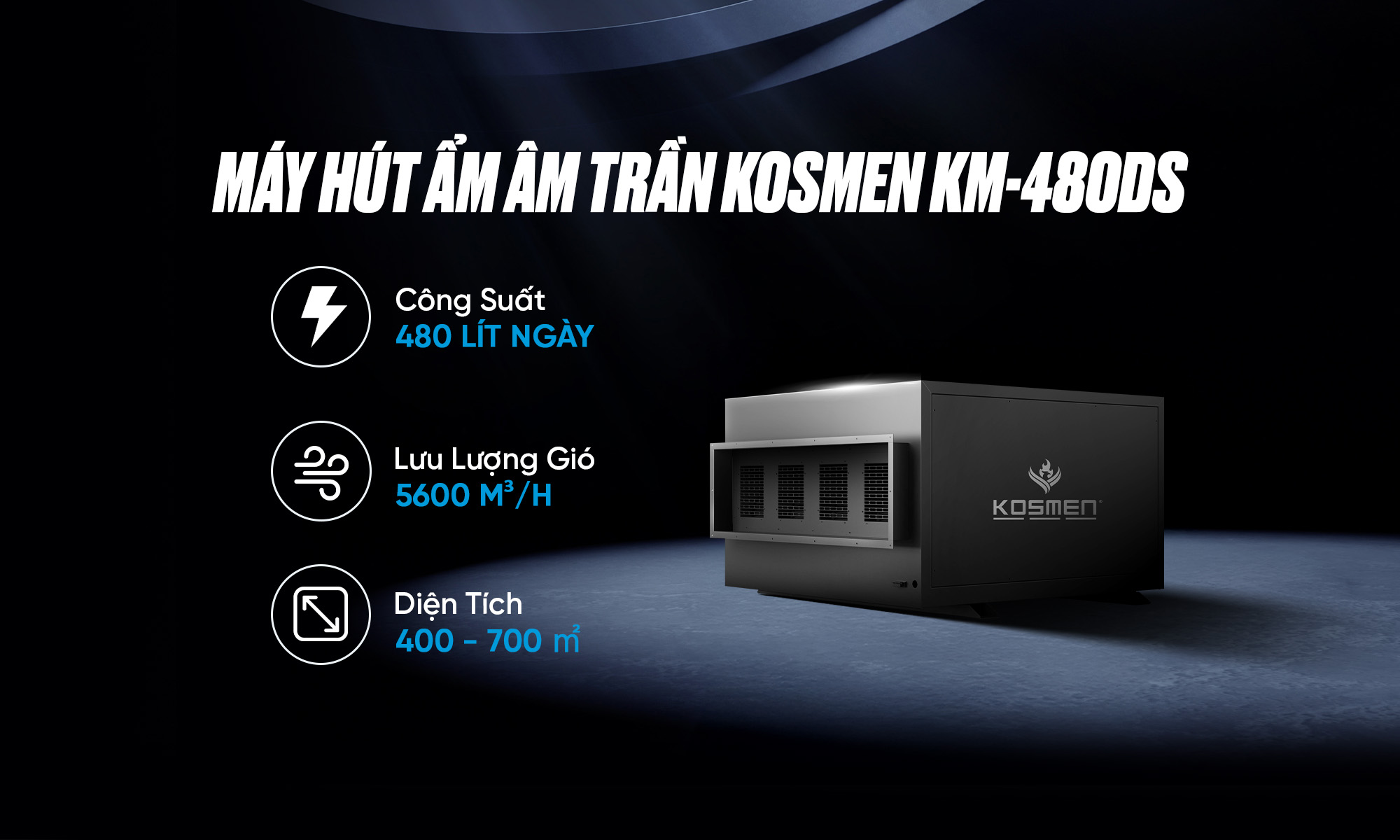 Máy hút ẩm âm trần Kosmen KM-480DS có công suất hút ẩm lên đến 480 lít/ngày phù hợp kho xưởng, xí nghiệp lớn