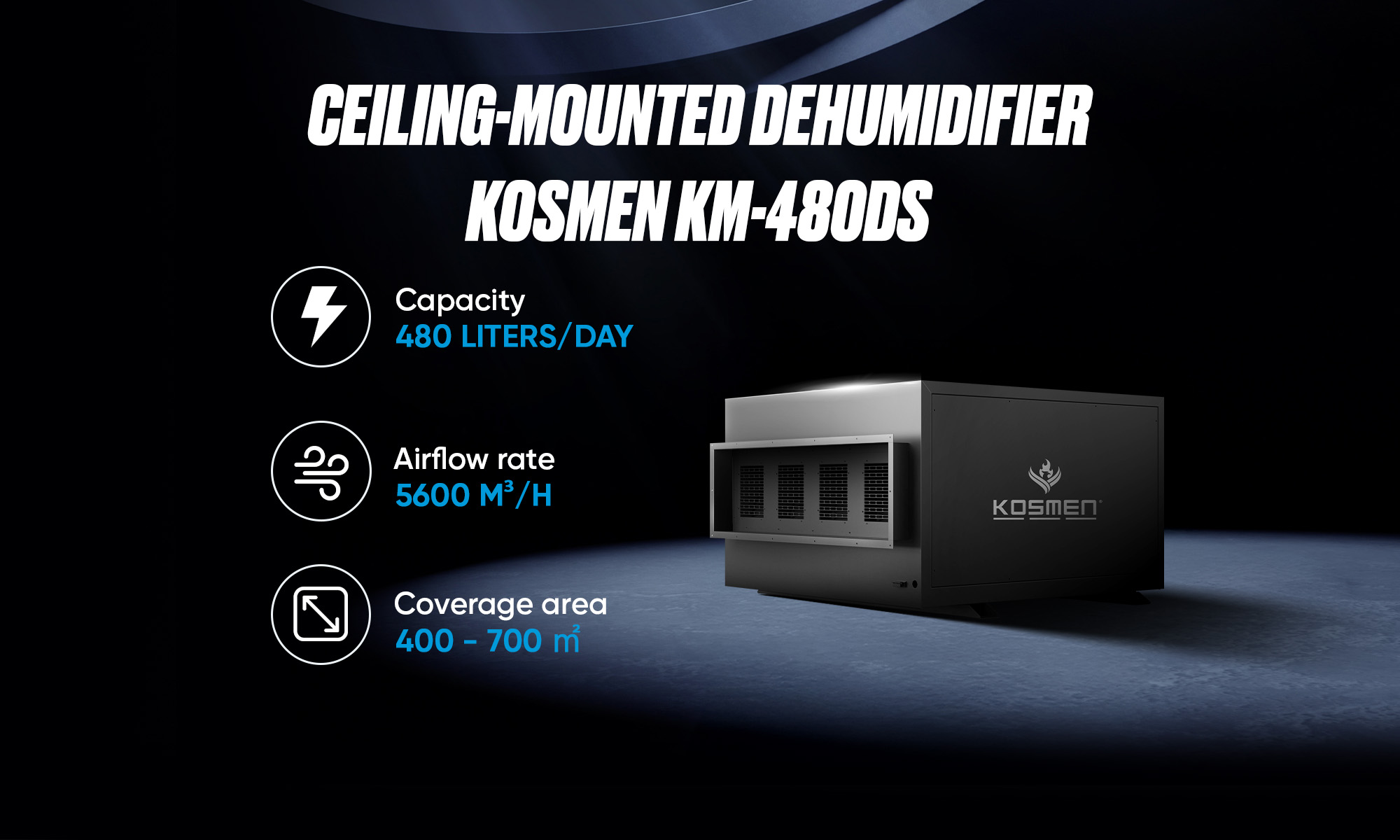 The Kosmen KM-480DS Ceiling-Mounted Dehumidifier has a dehumidifying capacity of up to 480 liters/day, making it suitable for large warehouses and factories.