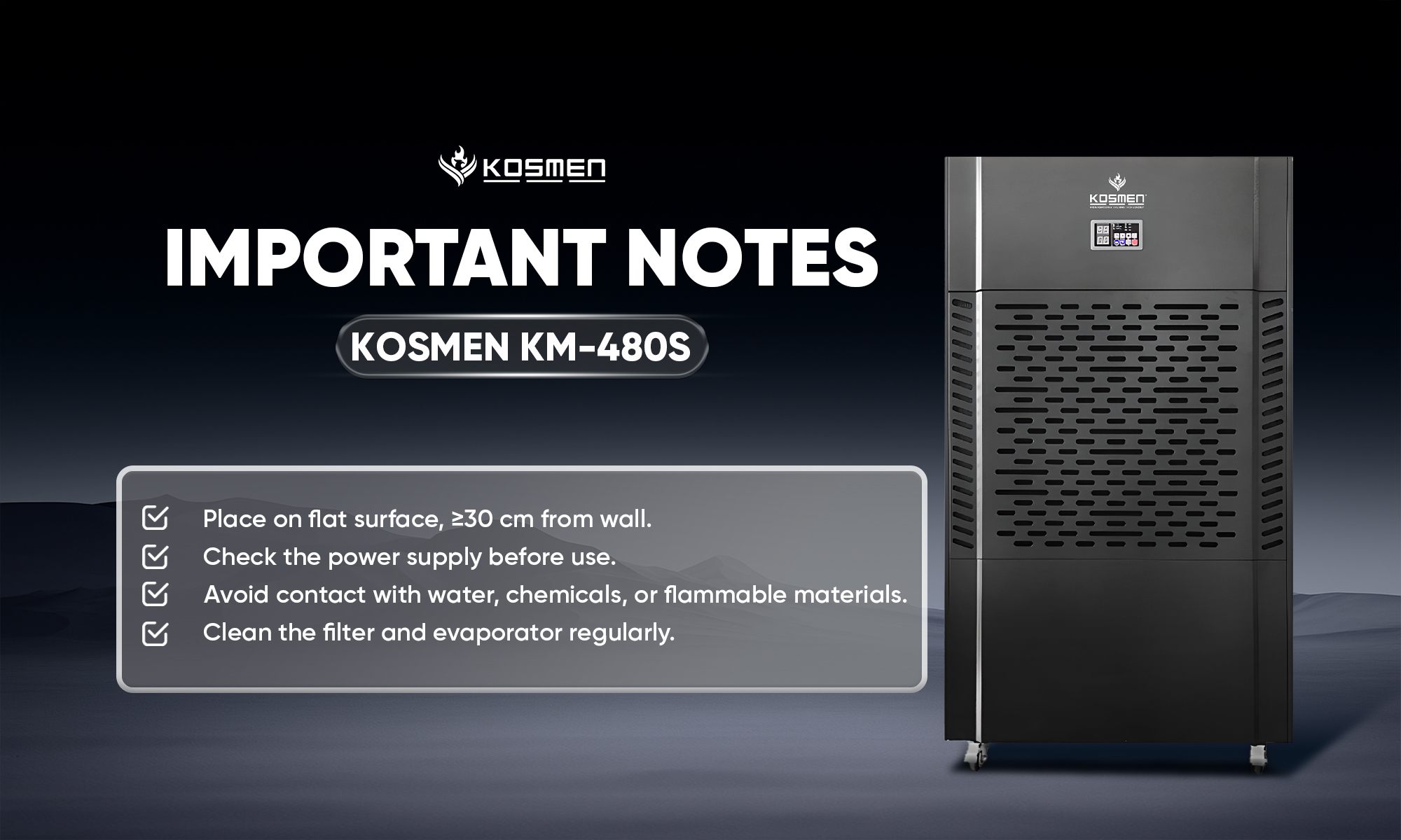Important Note For Using Kosmen KM-480S Dehumidifier