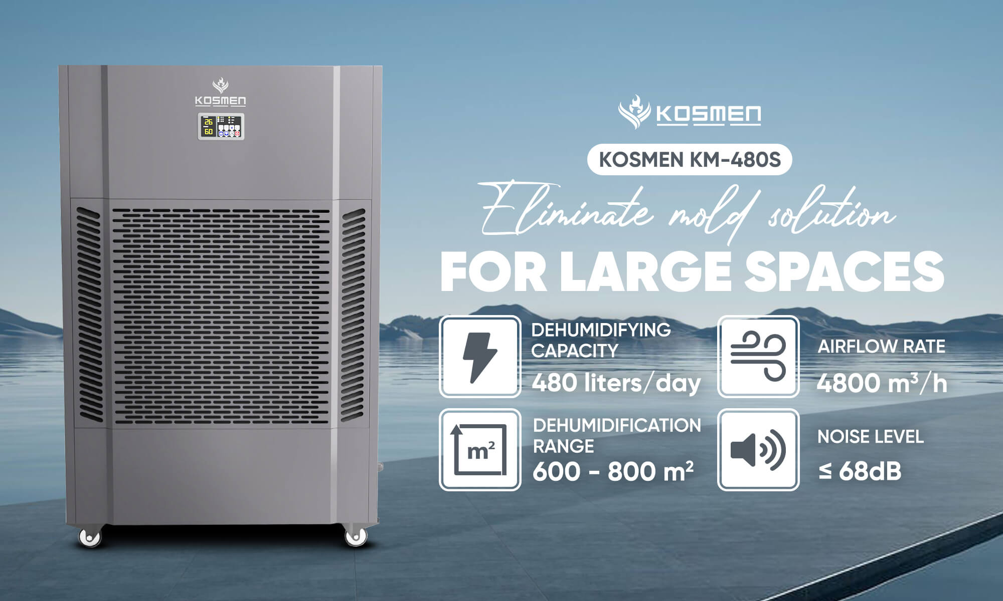 Kosmen KM-480S dehumidifier effectively handles moisture in large areas