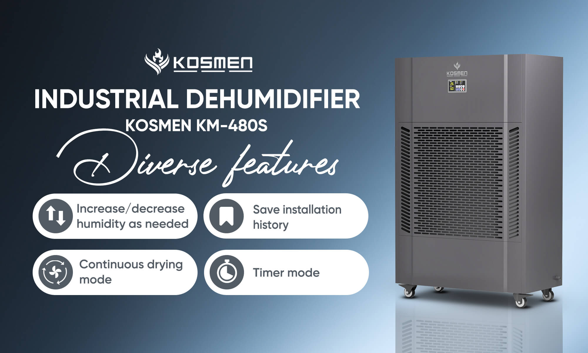 Kosmen KM-480S dehumidifier is equipped with many convenient features