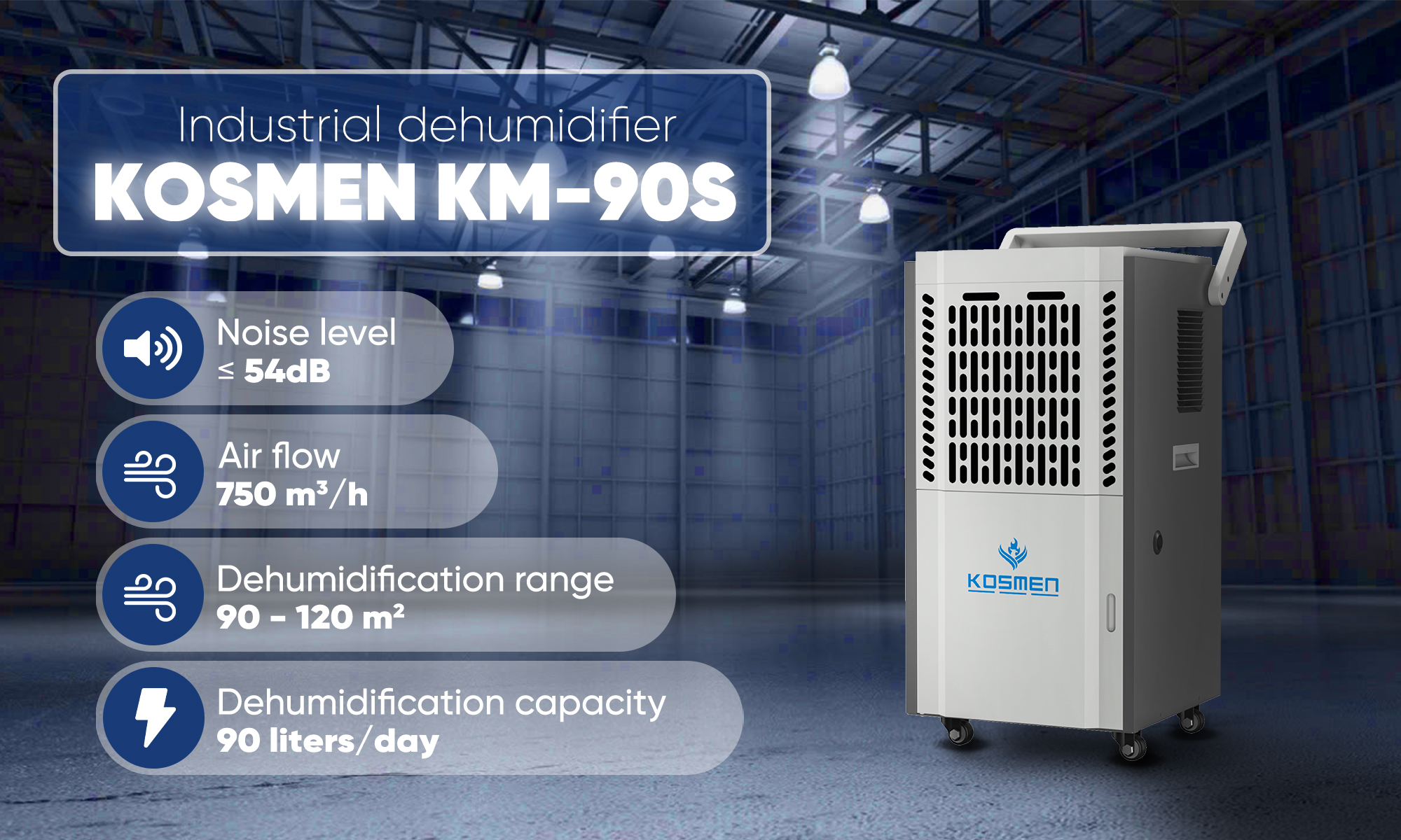  Kosmen KM-90S Dehumidifier with a Capacity of Up to 90 Liters/Day, Featuring Rapid Dehumidification Capability