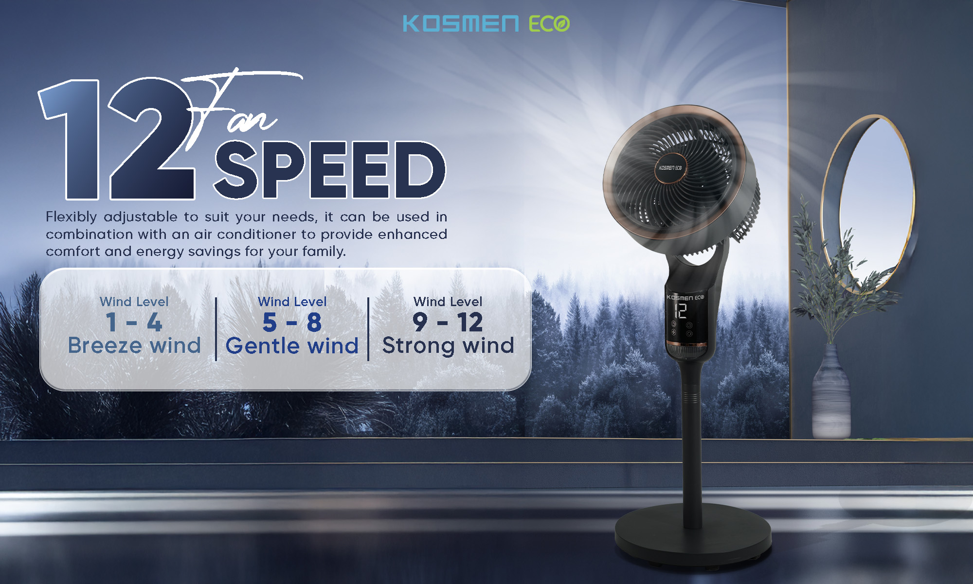 The Kosmen Eco-F40AI-B smart fan with 12 flexible wind levels to suit every need