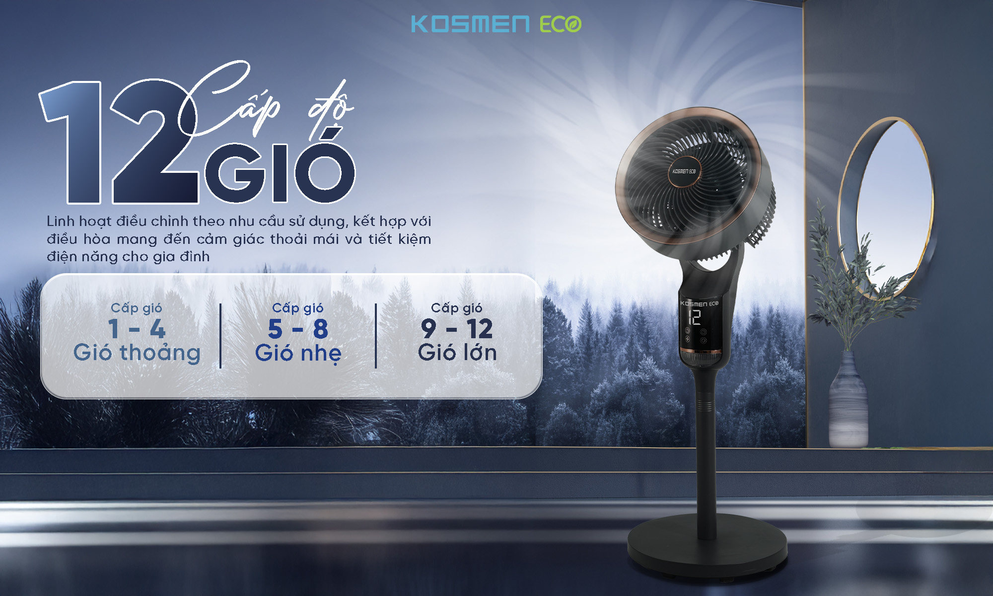 Quạt thông minh Kosmen Eco-F40AI-B với 12 cấp độ gió linh hoạt phù hợp mọi nhu cầu