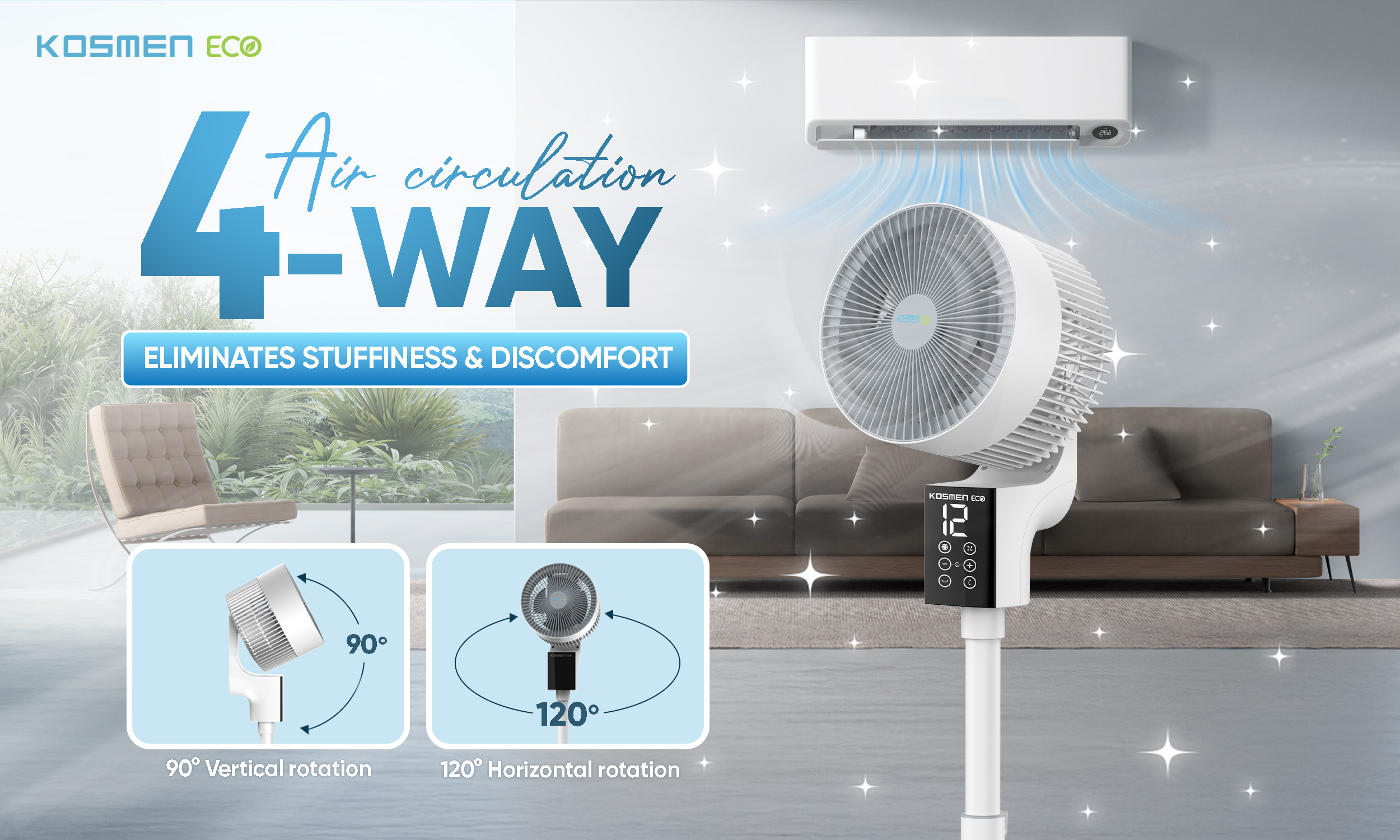 Kosmen Eco smart fan circulates air in four directions, providing effective cooling and air circulation