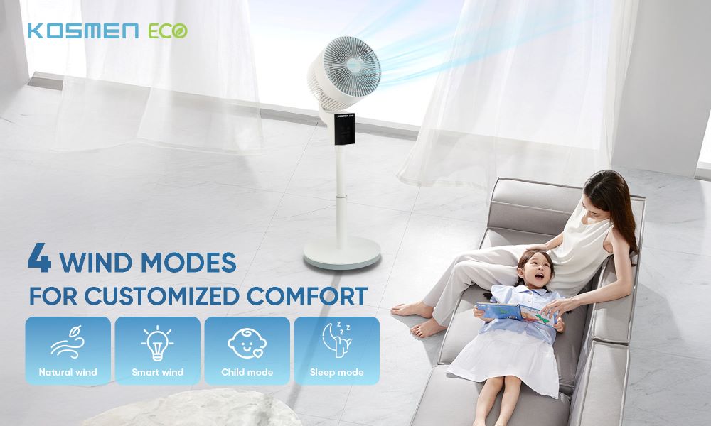 The ECO-F40AI-W smart fan offers four selectable smart wind modes