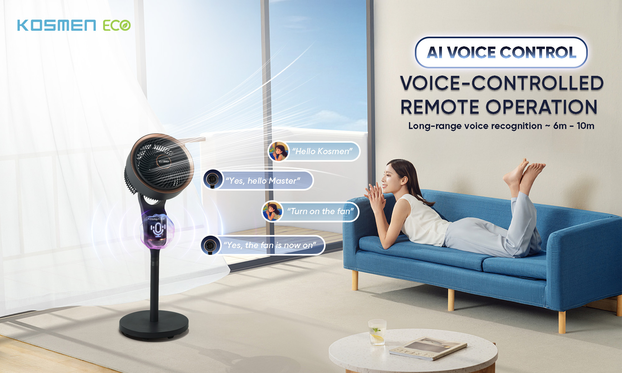 The Kosmen Eco electric fan features advanced voice-controlled remote operation using simple commands