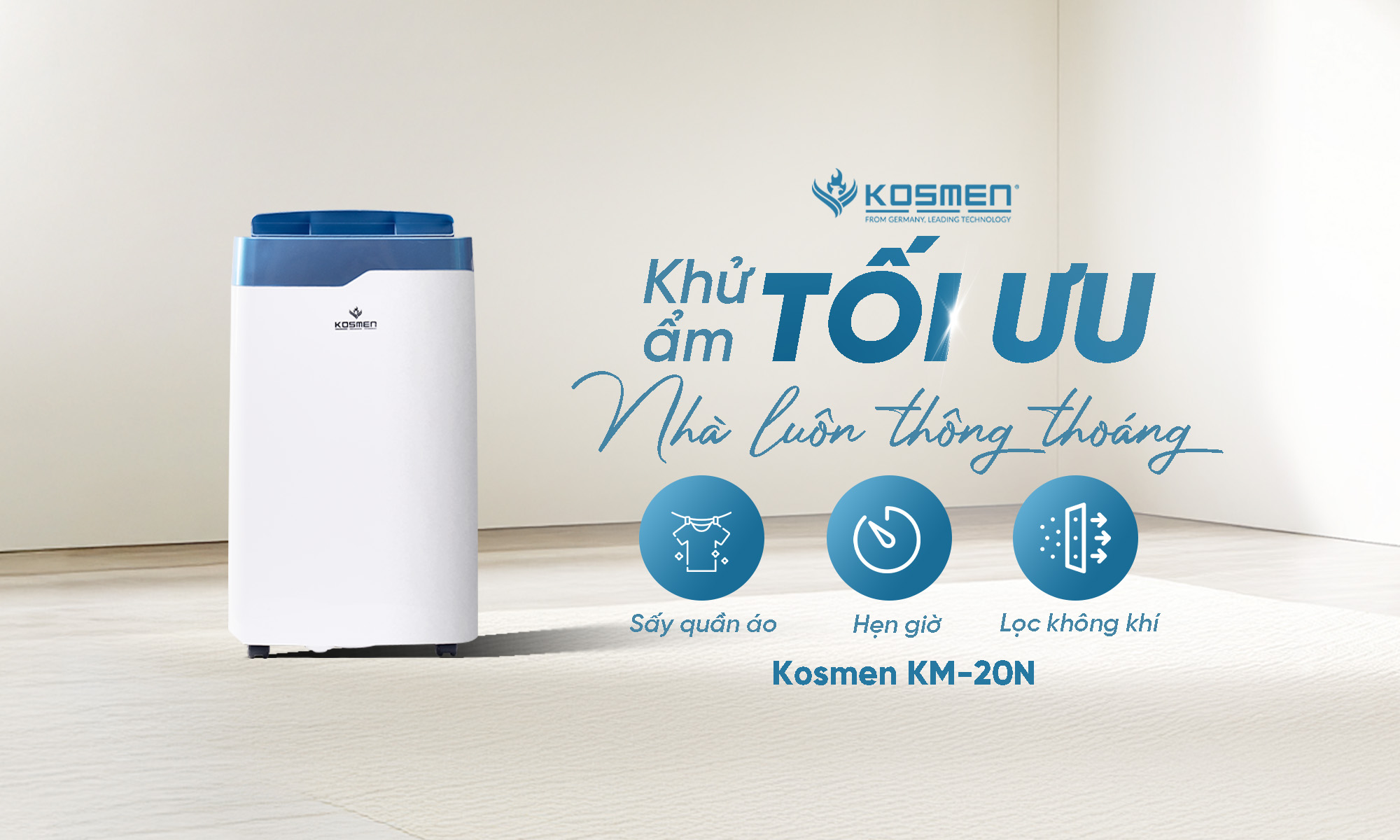 Máy hút ẩm Kosmen được tích hợp đa dạng tính năng thông minh, hiện đại