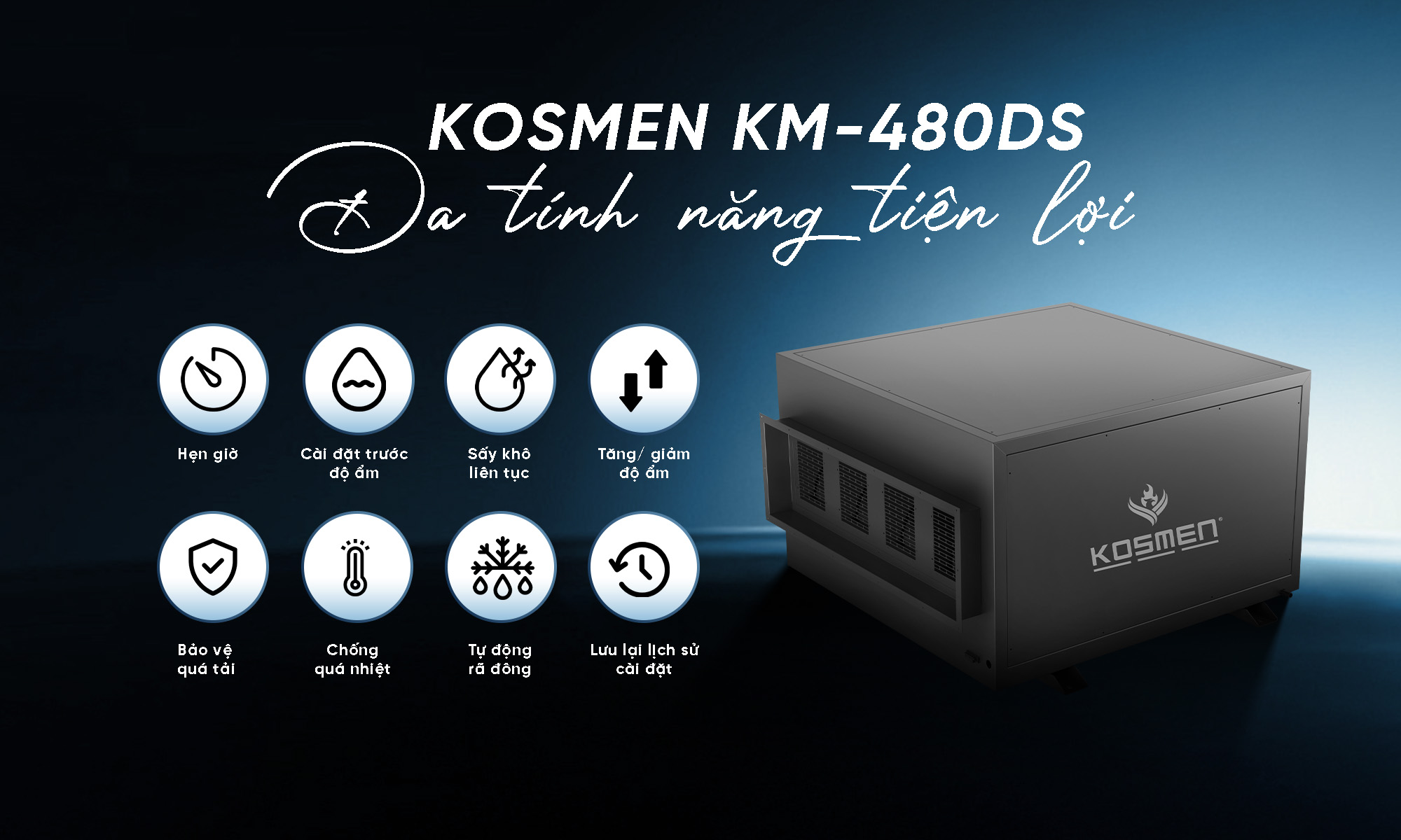 The Kosmen KM-480DS ceiling-mounted dehumidifier is a moisture control device for large warehouses and spaces, trusted by many businesses