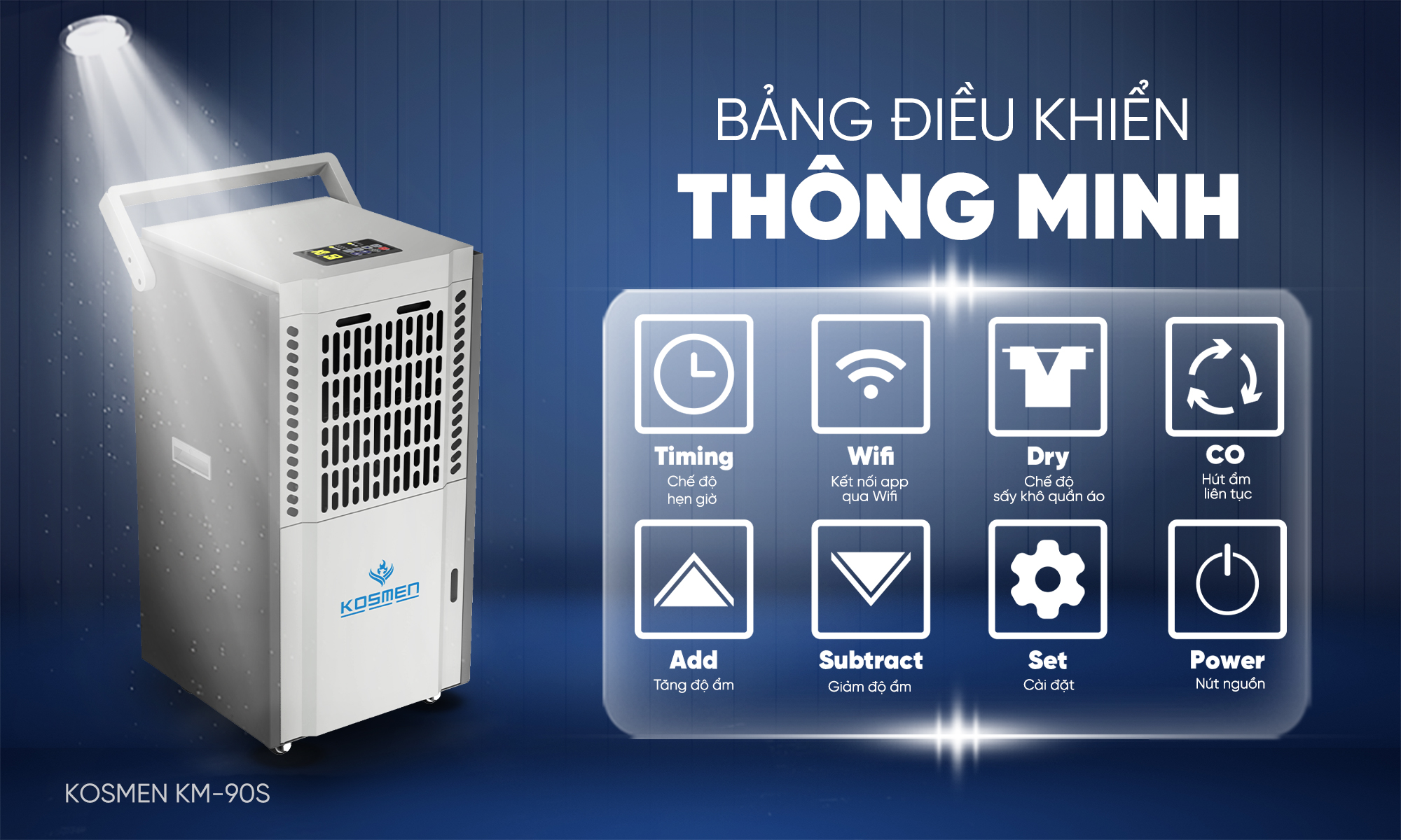 Máy hút ẩm công nghiệp Kosmen KM-90S với bảng điều khiển thông minh, dễ thao tác