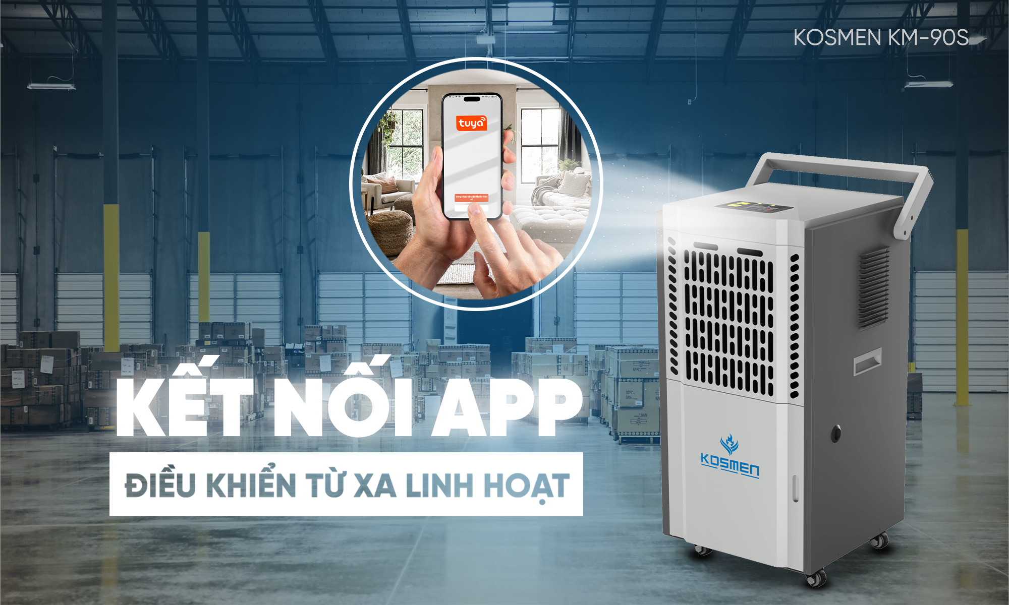 Máy hút ẩm Kosmen KM-90S được trang bị tính năng kết nối wifi điều khiển từ xa, tối ưu hóa quá trình sử dụng