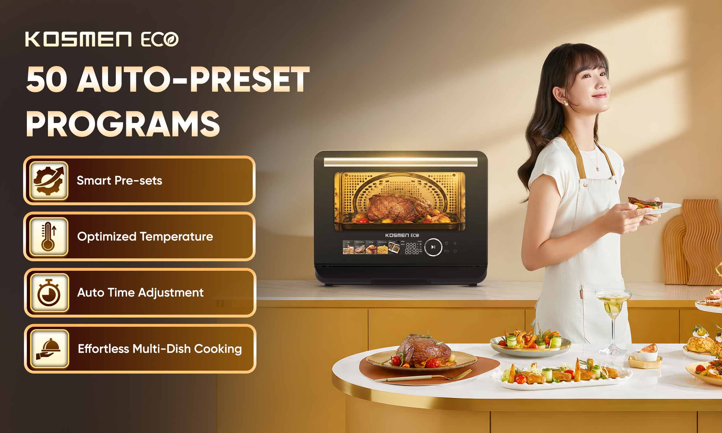 Kosmen Eco Steam Air Fryer comes with 50 preset cooking programs, making it easy to prepare a wide variety of dishes