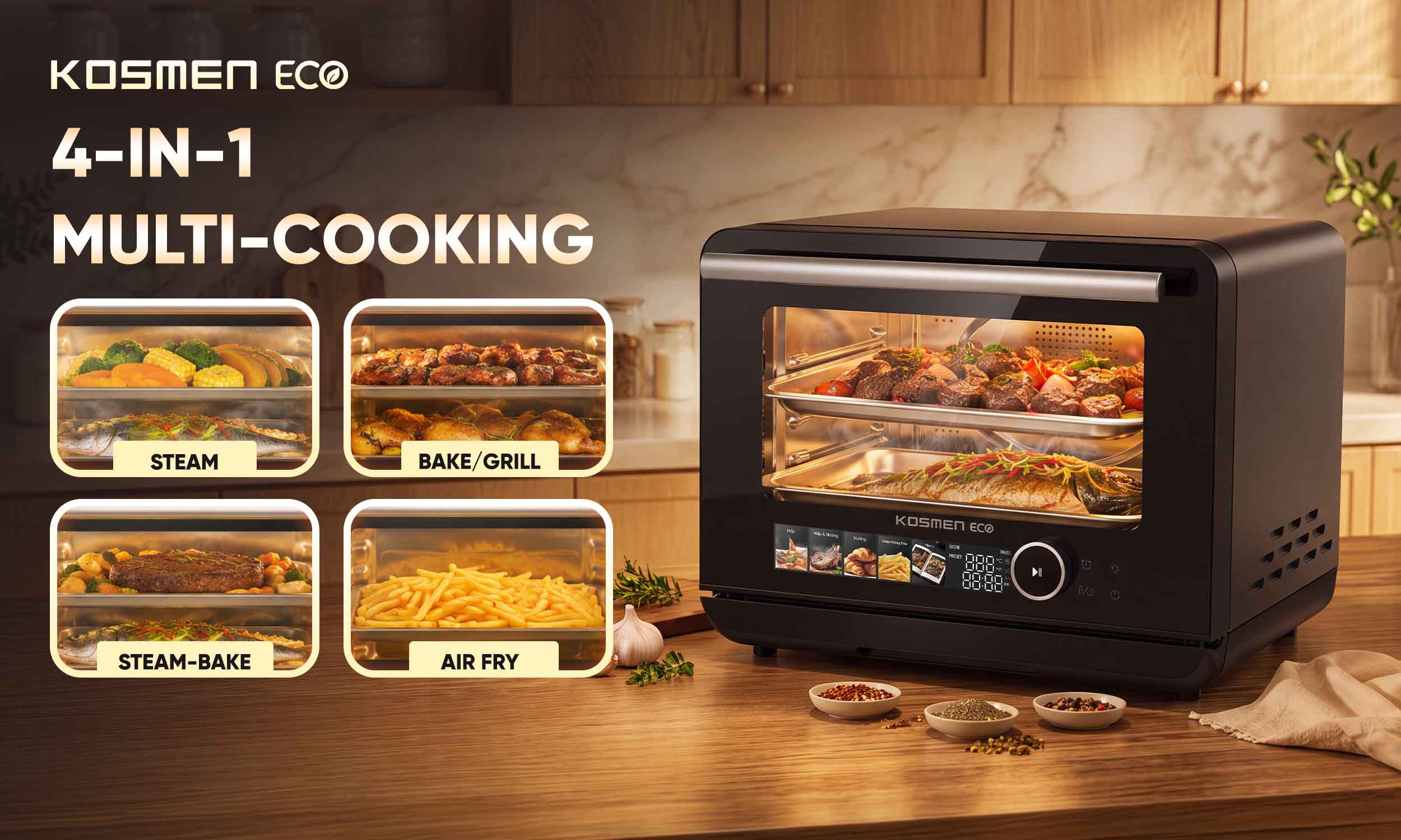The Kosmen Eco ECO-23B Steam Air Fryer integrates 4 cooking functions in 1 appliance—steam, bake, steam & bake, and air fry—optimizing kitchen space while enhancing the cooking experience