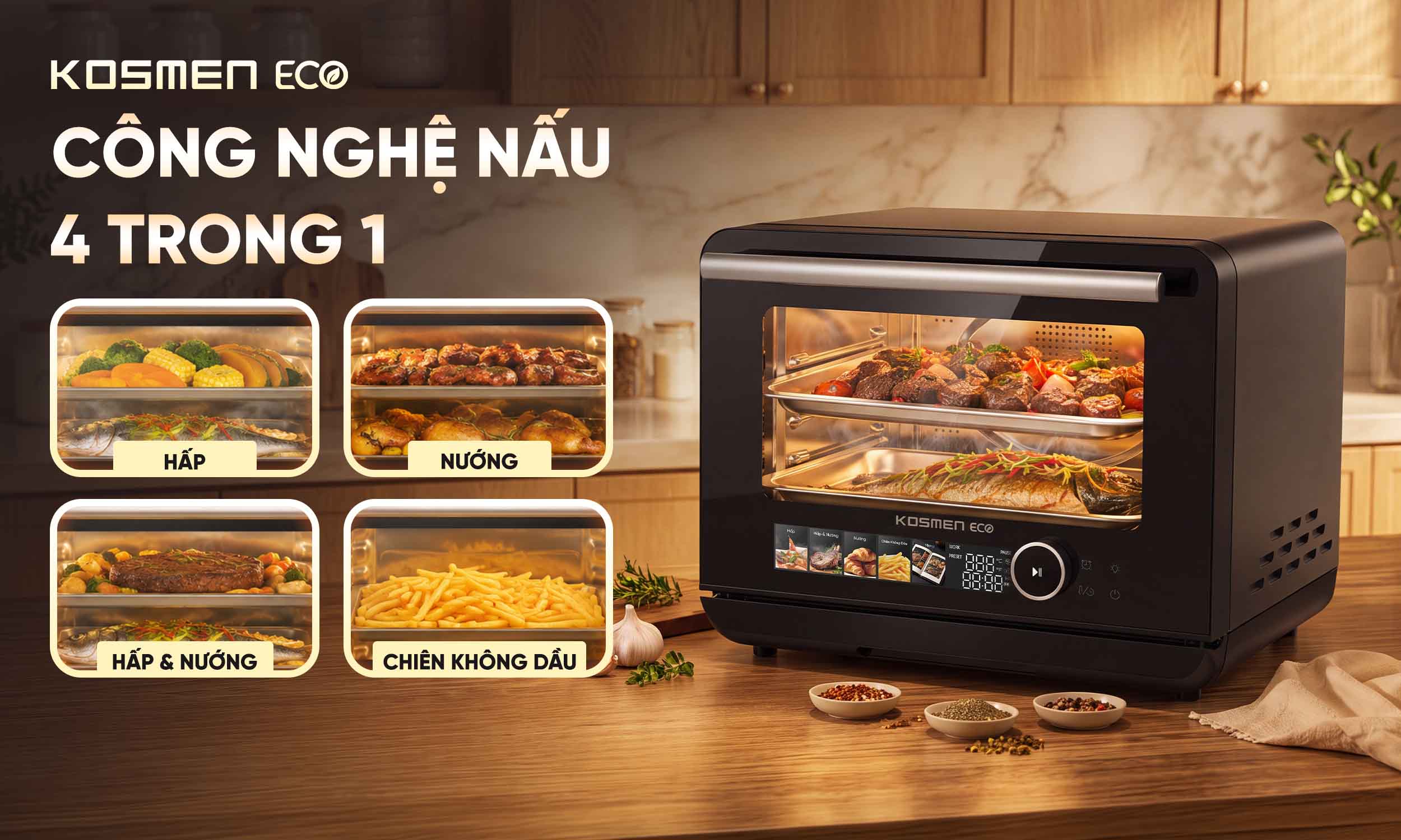 Nồi chi&ecirc;n hơi nước Kosmen Eco ECO-23B t&iacute;ch hợp 4 c&ocirc;ng nghệ nấu trong c&ugrave;ng 1 sản phẩm, tối ưu gian bếp v&agrave; n&acirc;ng tầm trải nghiệm nấu nướng