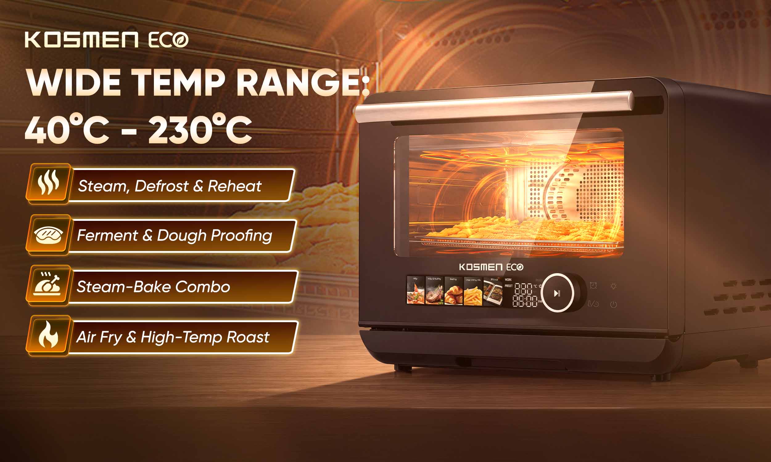 The ECO-23B features a wide temperature range, allowing for versatile cooking of a variety of dishes