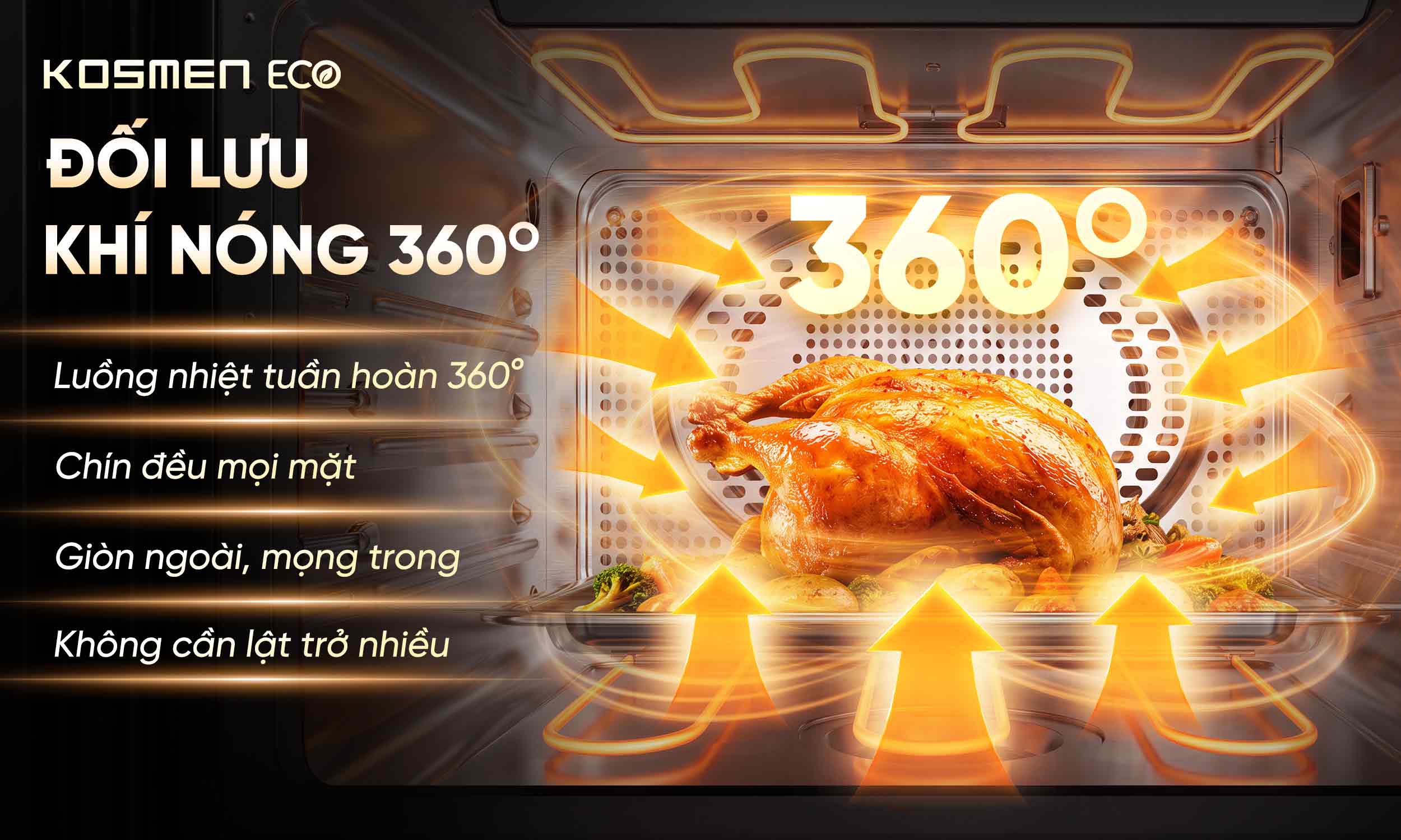 Cơ chế đối lưu kh&iacute; n&oacute;ng 360&deg; của ECO-23B gi&uacute;p thức ăn ch&iacute;n đều