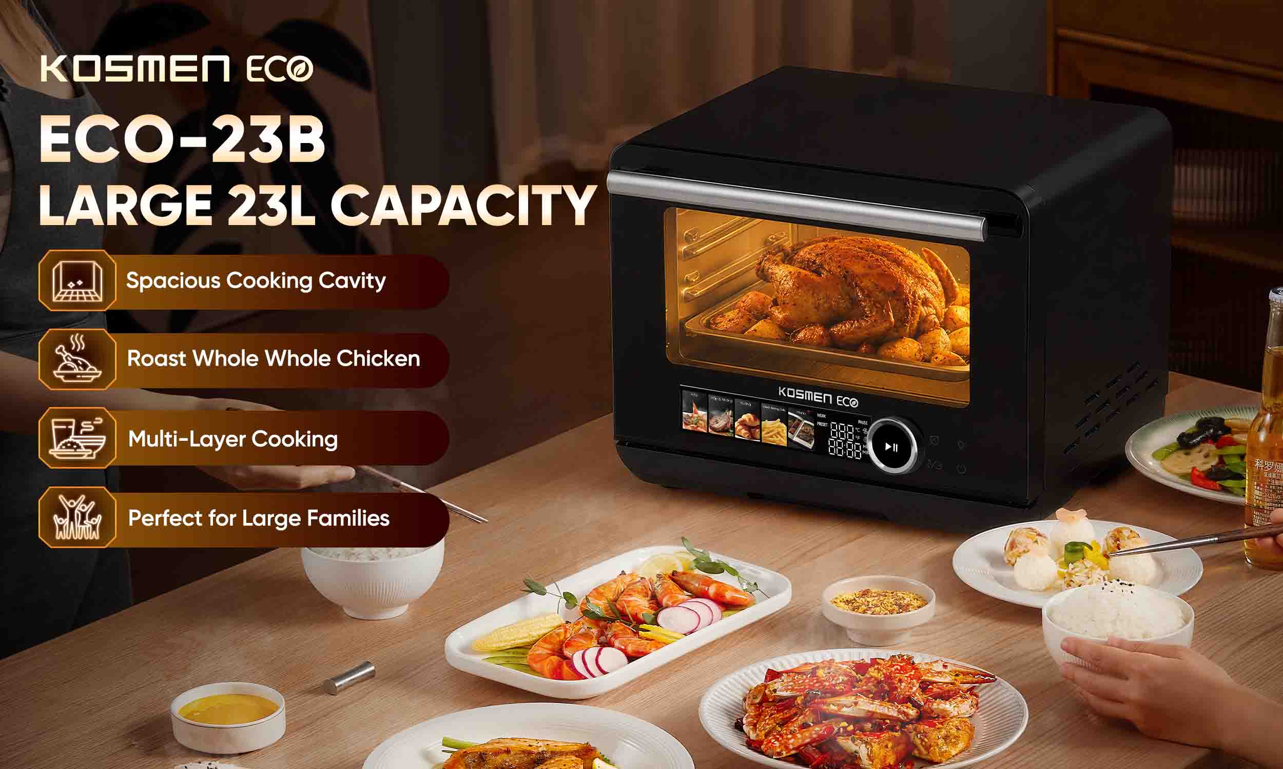 The Kosmen Eco ECO-23B Steam Air Fryer features a large capacity, making it ideal for large families