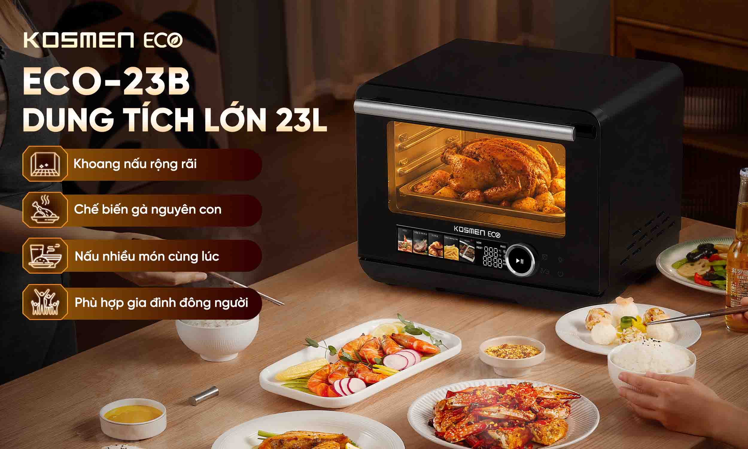 Nồi chi&ecirc;n hơi nước Kosmen Eco ECO-23B c&oacute; dung t&iacute;ch lớn, ph&ugrave; hợp với gia đ&igrave;nh đ&ocirc;ng người