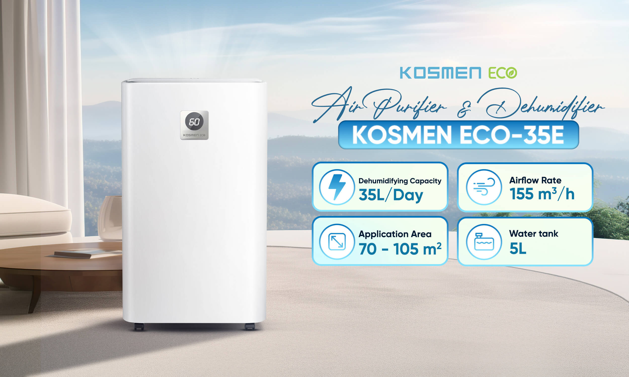 Technical specifications of Kosmen ECO-35E air purifier & dehumidifier