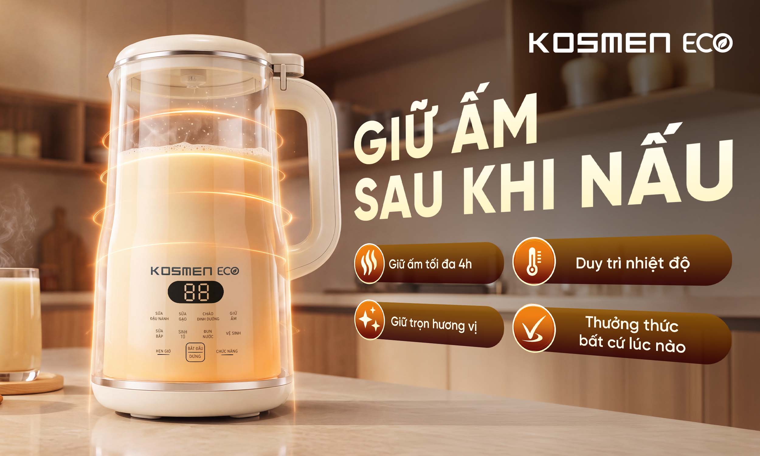 Cơ chế giữ ấm 4H của ECO-1000BG giúp bạn luôn sẵn có ly sữa hạt ấm nóng bất cứ lúc nào cần dùng
