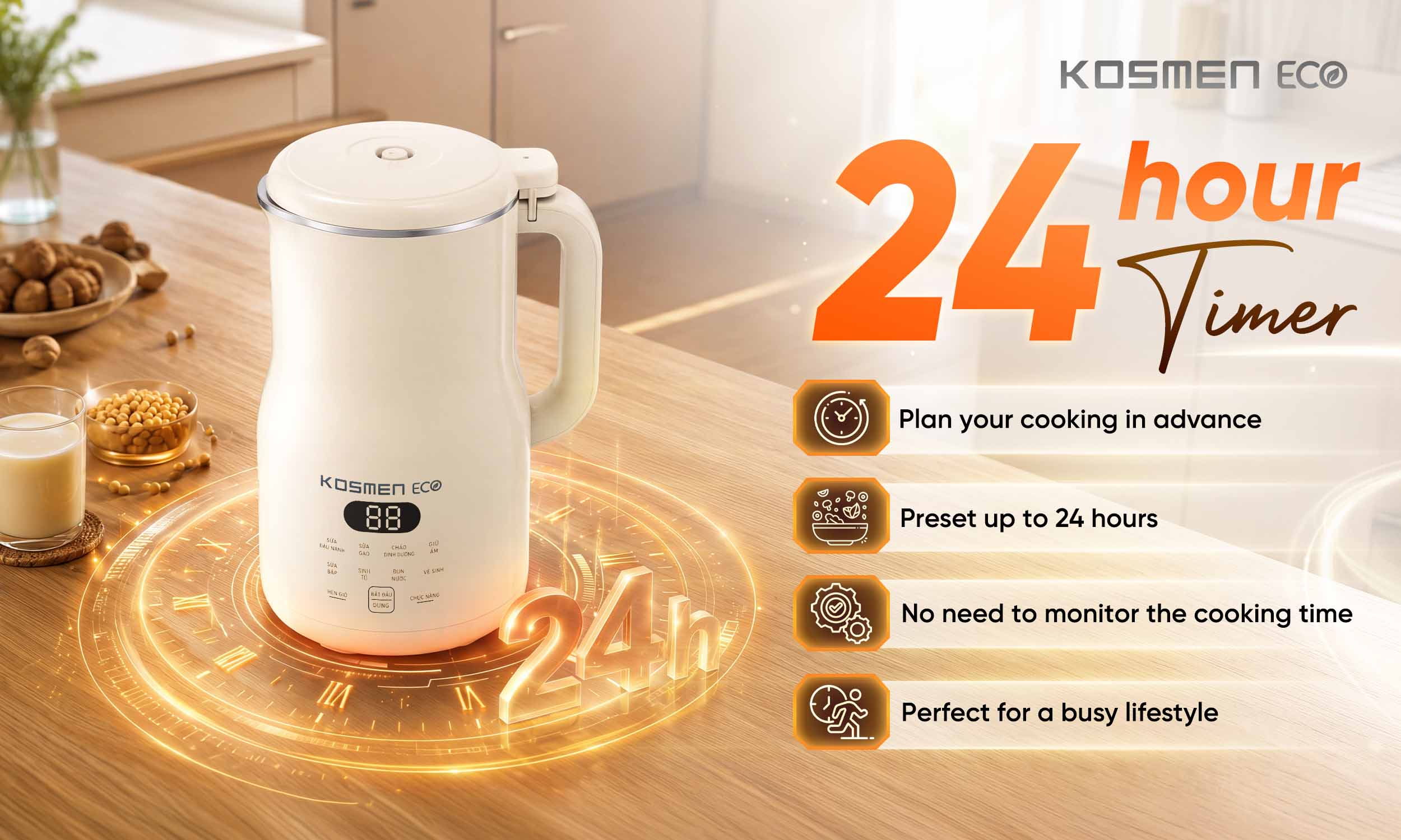 With its smart delay timer, the ECO-1000BG lets you schedule cooking in advance, making meal preparation more convenient and flexible