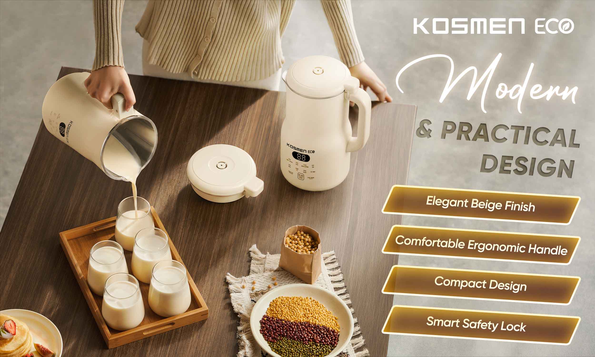 The Kosmen Eco ECO-1000BG features a sleek, modern design with an elegant color palette that complements any kitchen.