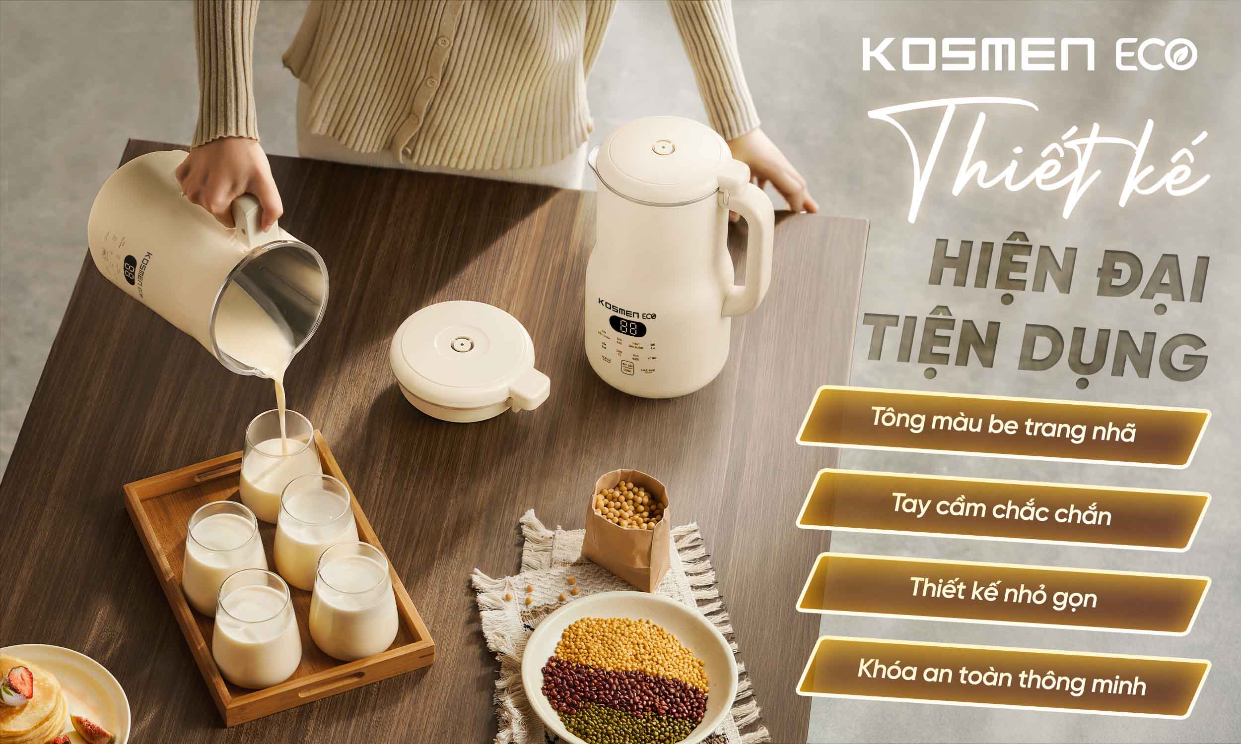 Thiết kế máy làm sữa hạt Kosmen Eco ECO-1000BG hiện đại, tông màu trang nhã