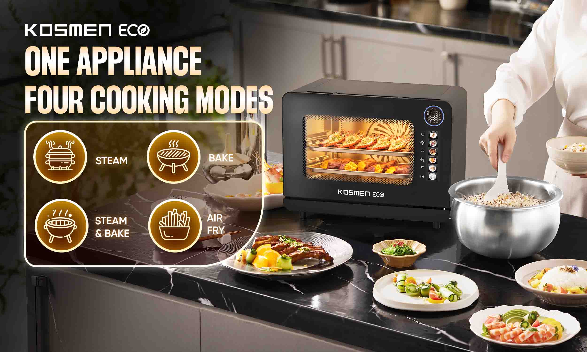 With its 4-in-1 design, the ECO-18B integrates Steam, Bake, Steam & Bake, and Air Fry, replacing multiple kitchen appliances while saving valuable countertop space