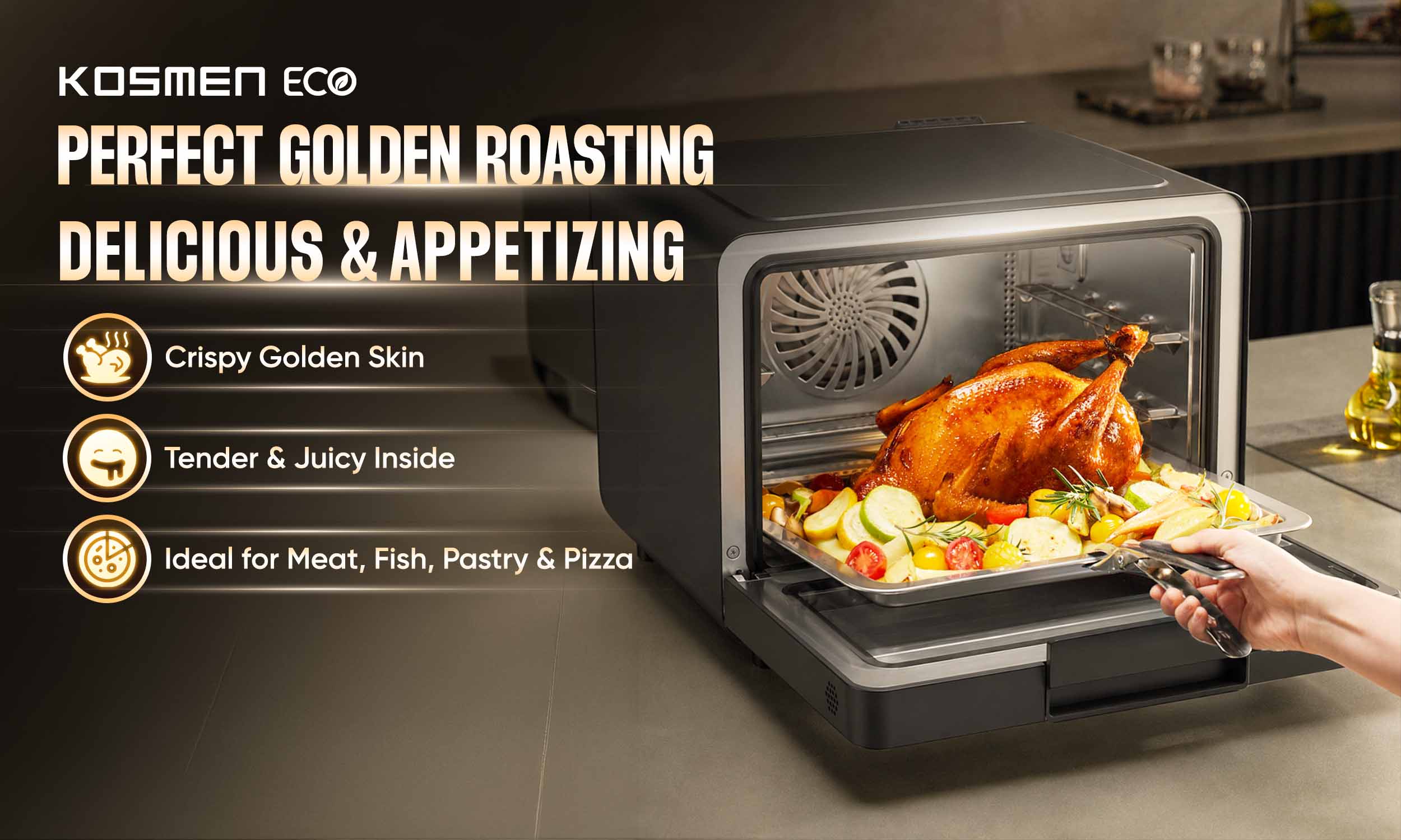 The Bake mode on the ECO-18B delivers evenly cooked dishes with a crispy golden exterior and a tender, juicy interior