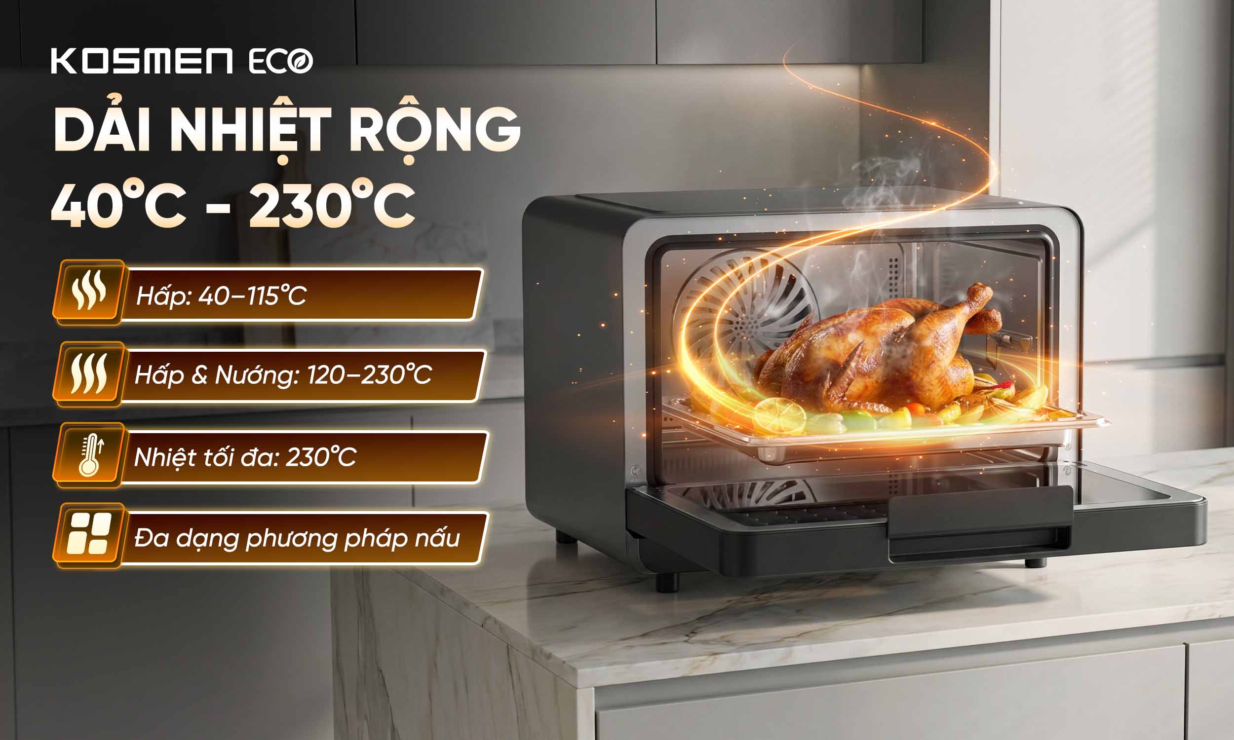 ECO-18B sở hữu dải nhiệt rộng đến 230&deg;C, dễ d&agrave;ng điều chỉnh v&agrave; kiểm so&aacute;t nhiệt độ từng m&oacute;n kh&aacute;c nhau