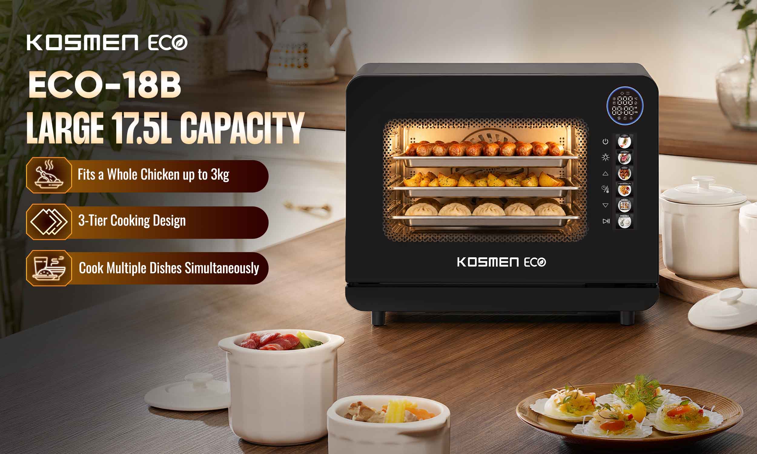 The Kosmen Eco ECO-18B Steam Air Fryer features a 17.5L capacity, making it easy to prepare large meals for the whole family
